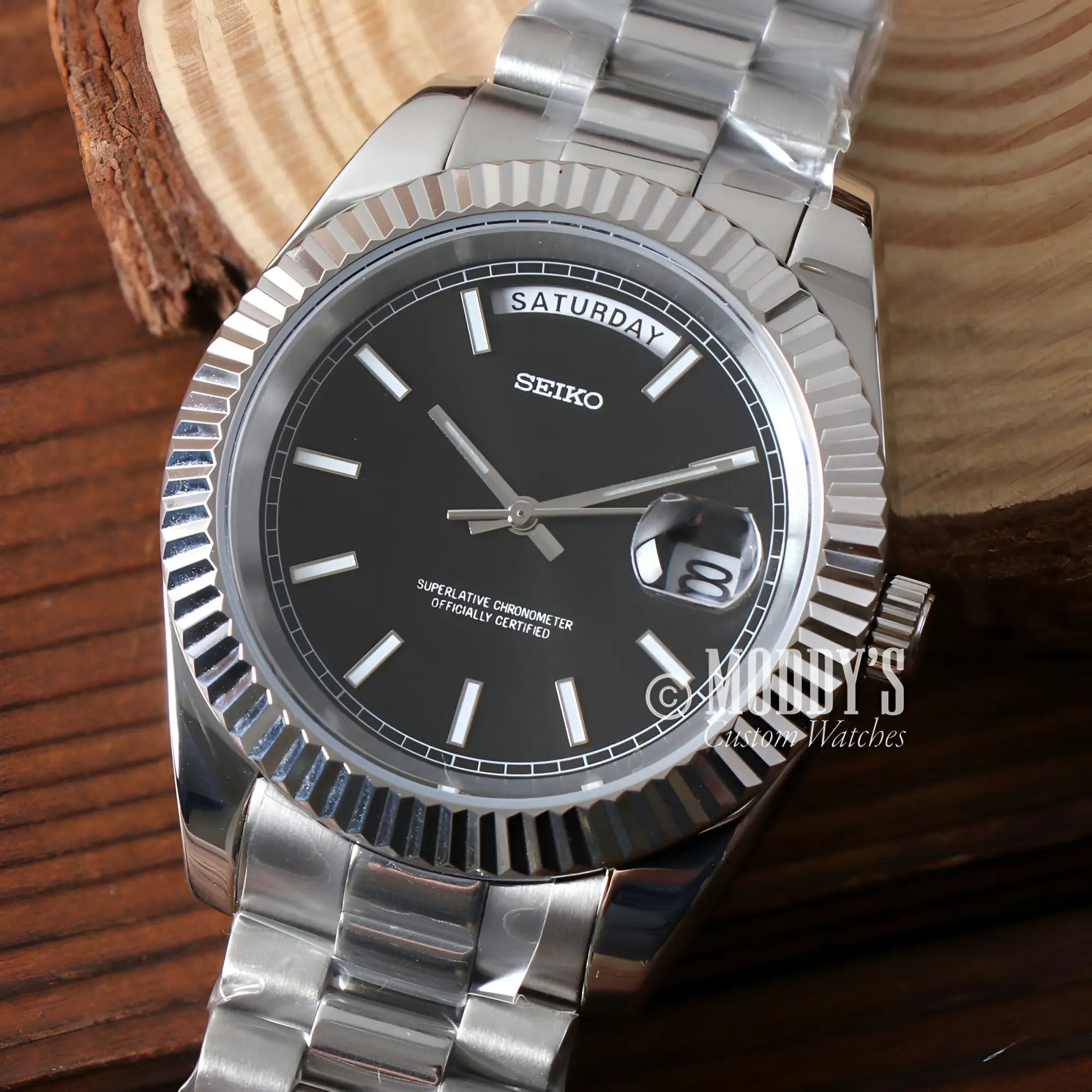 Silver Seiko watch with black dial at Moddys Watches