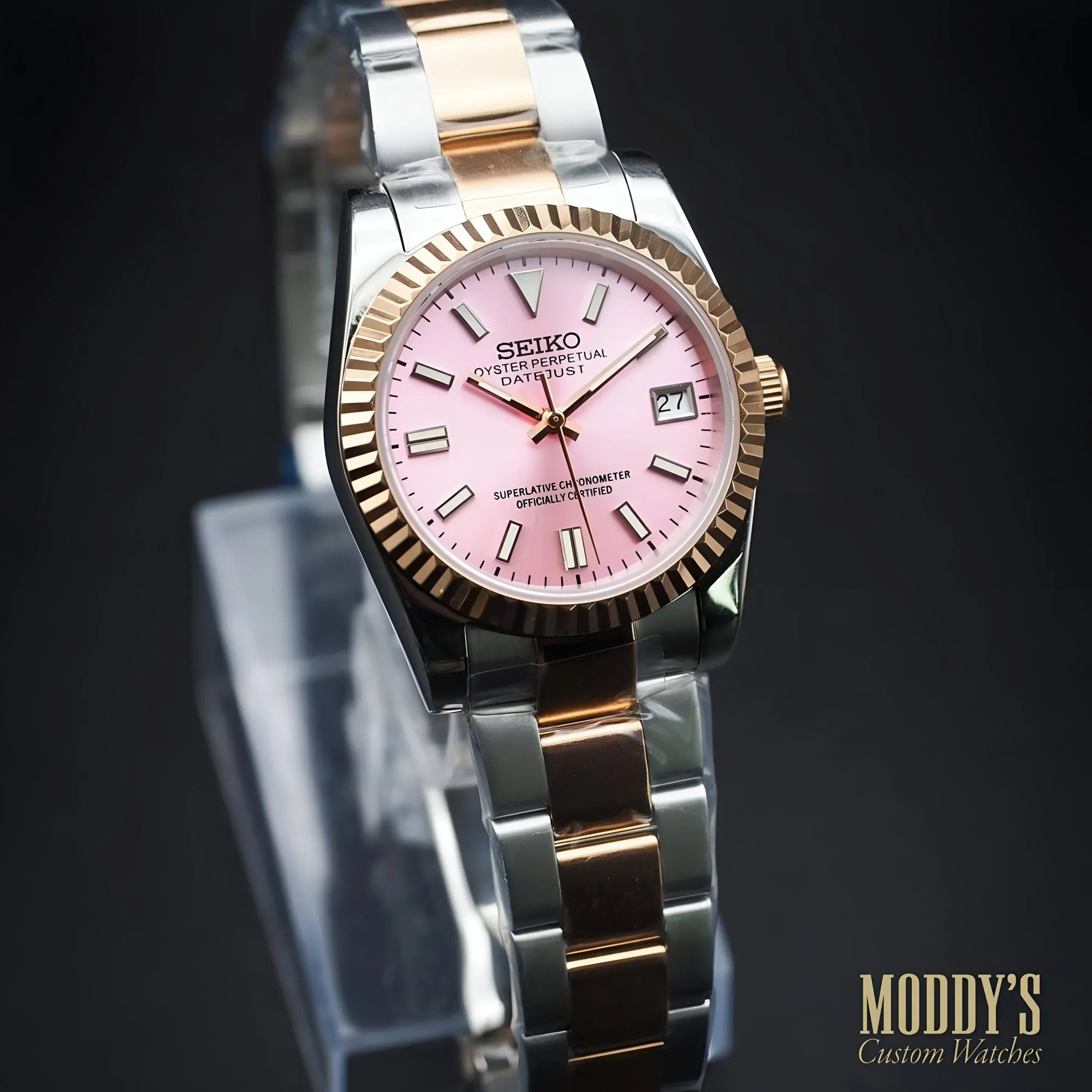Seiko mod watch for women: pink dial, fluted bezel, big personality