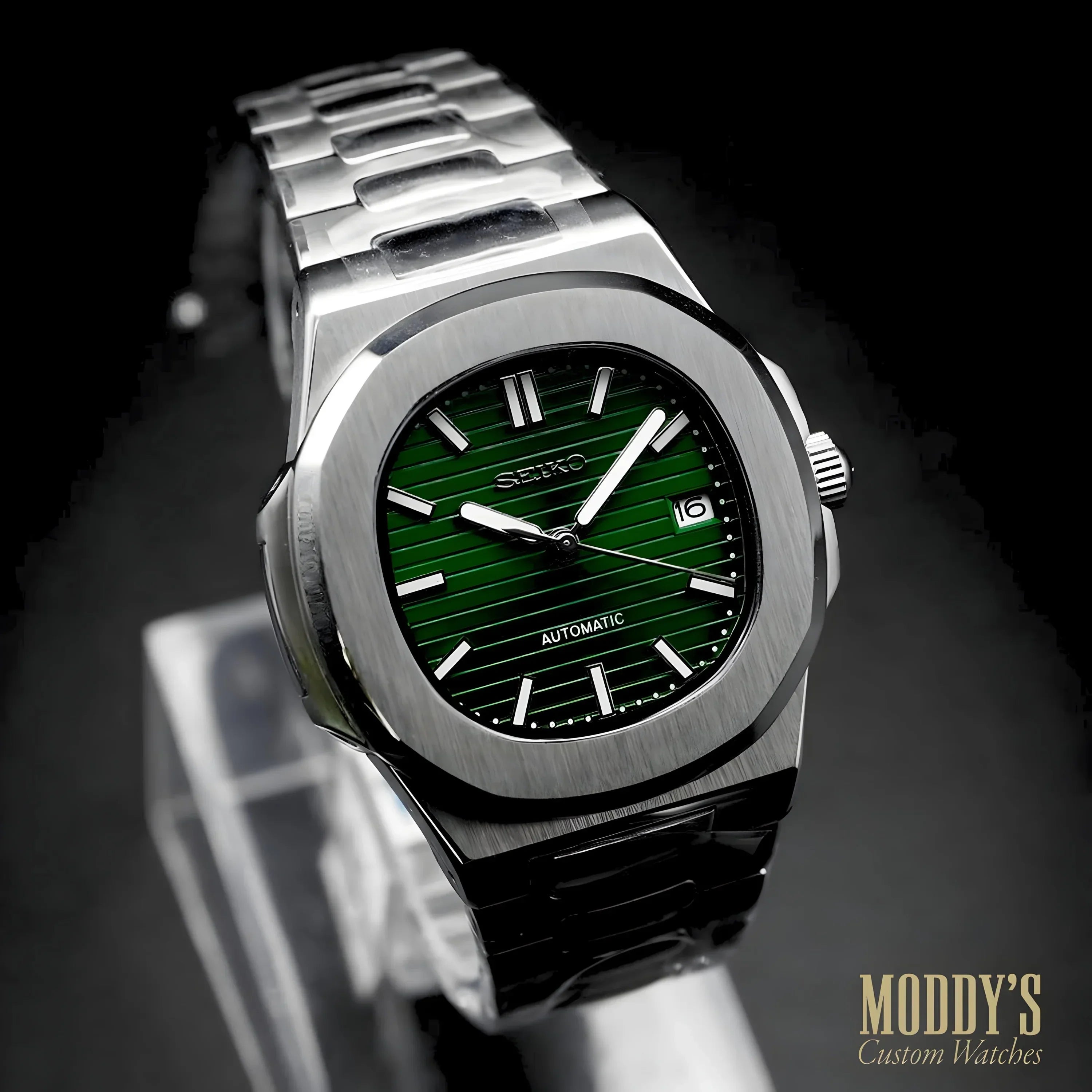 Seiko mod Nautilus watch with green striped dial and silver hands