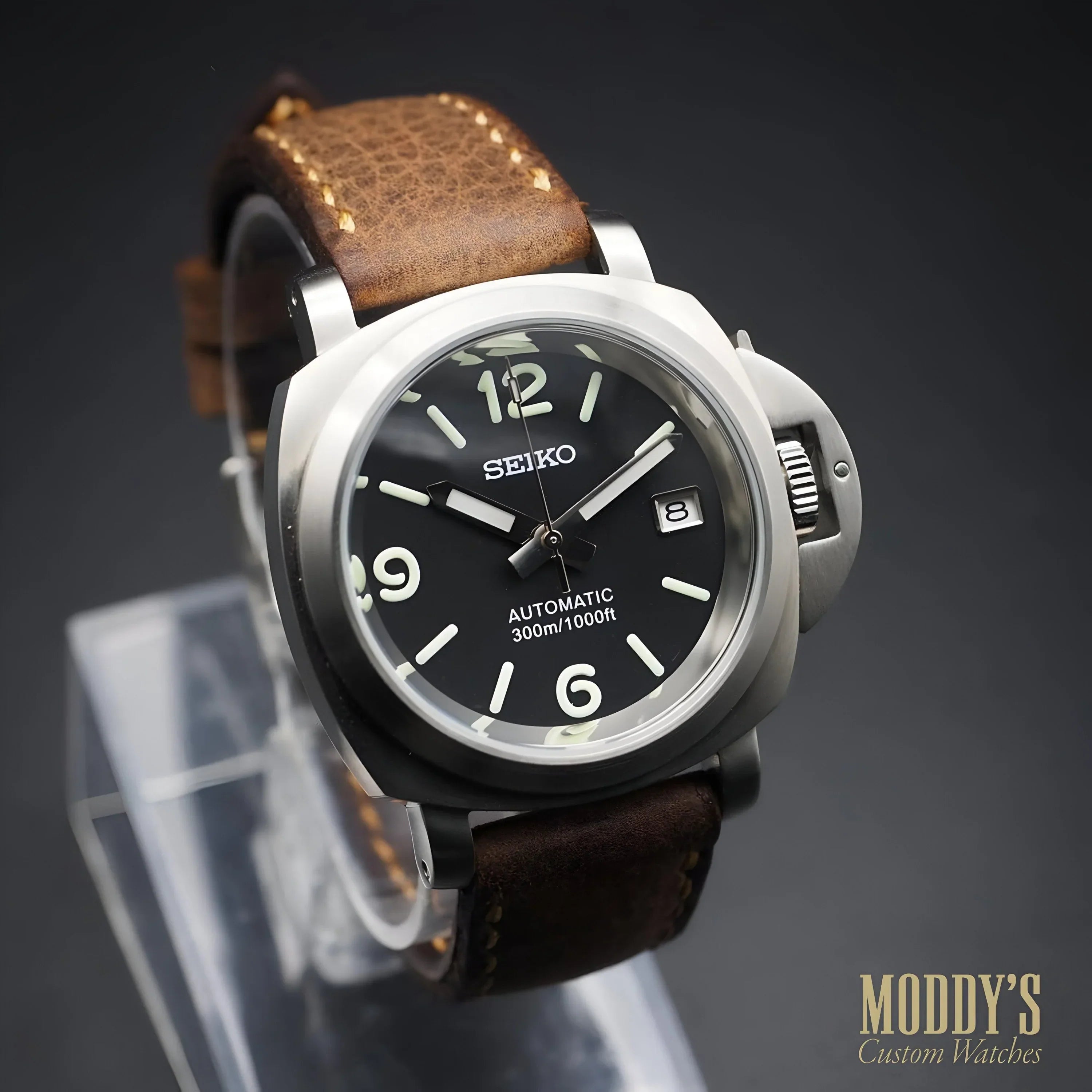 Seiko mod Panerai watch with black dial, silver case, brown strap