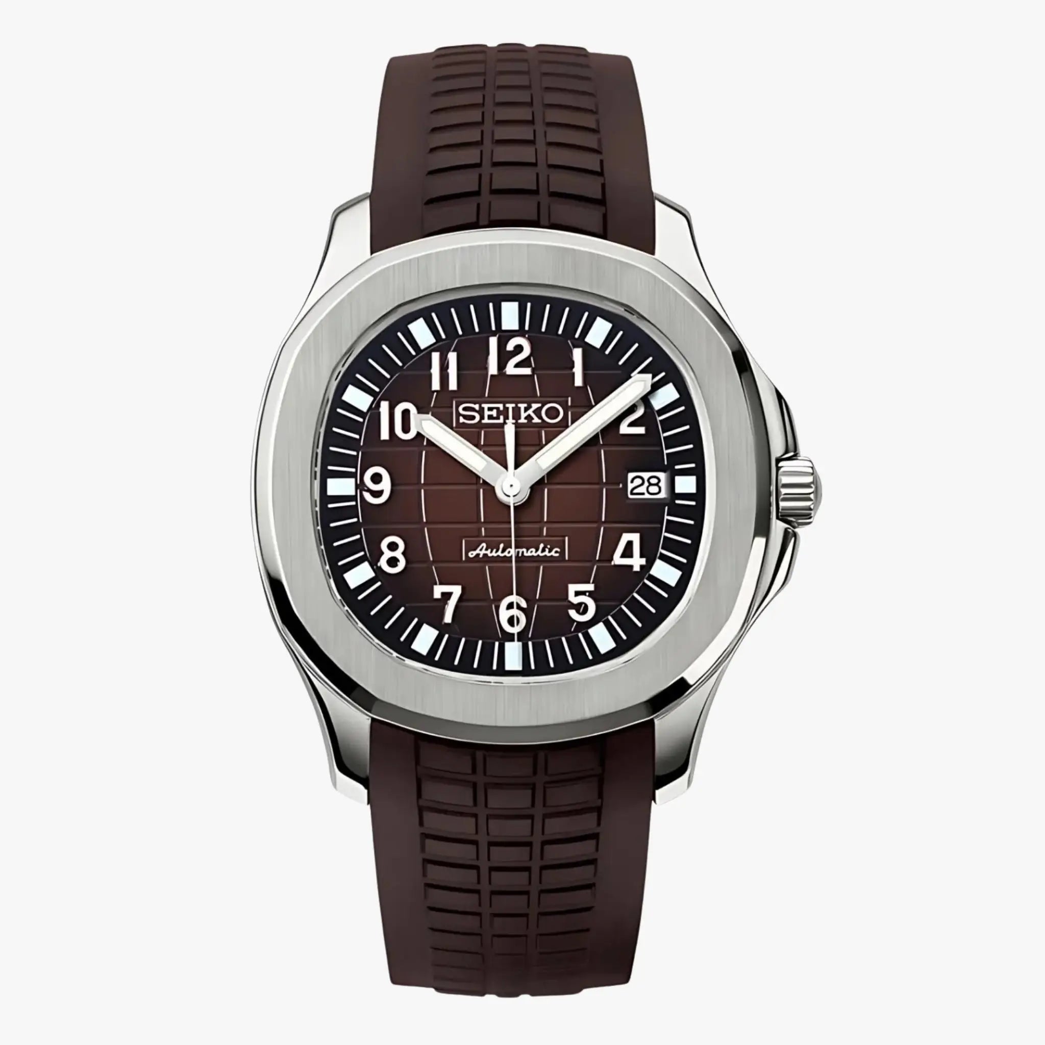 Seiko Mod Aquanaut watch with brown rubber strap, silver case, black dial, NH35 automatic movement