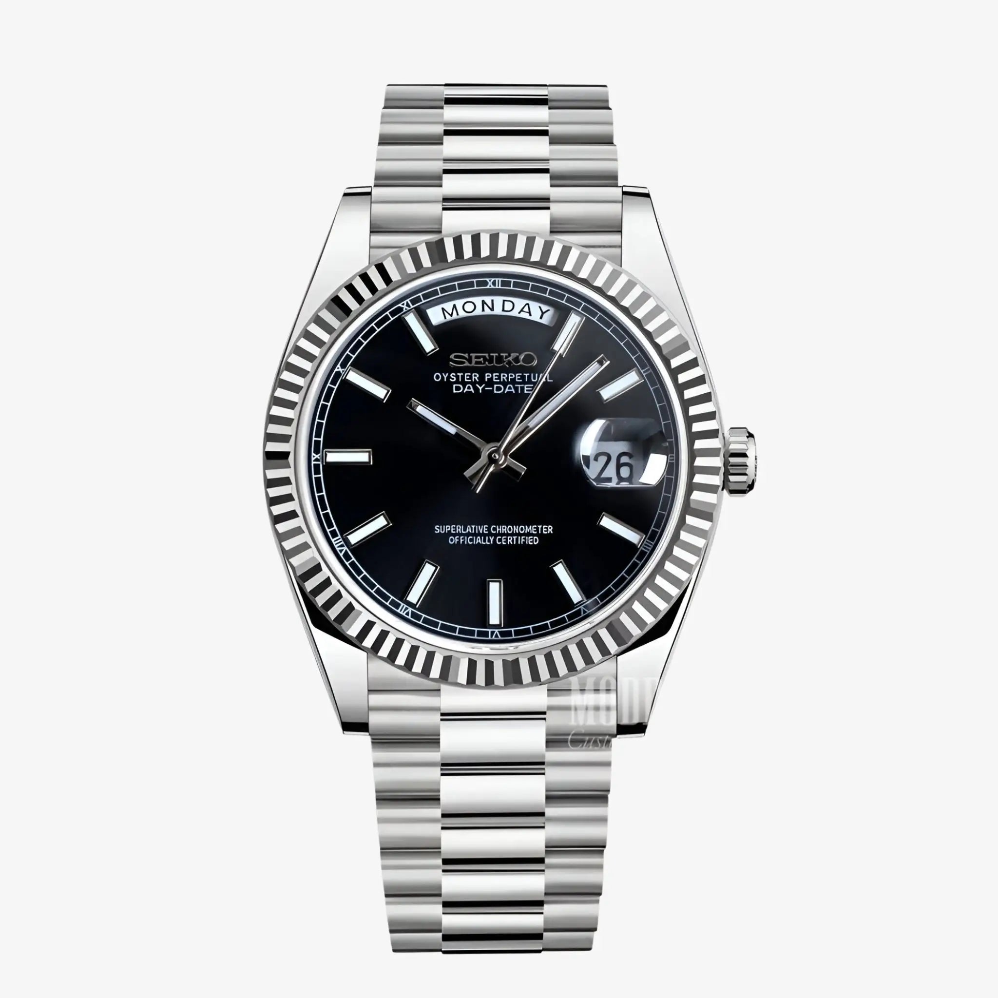 Seiko mod watch with 316L stainless steel, black dial, automatic movement