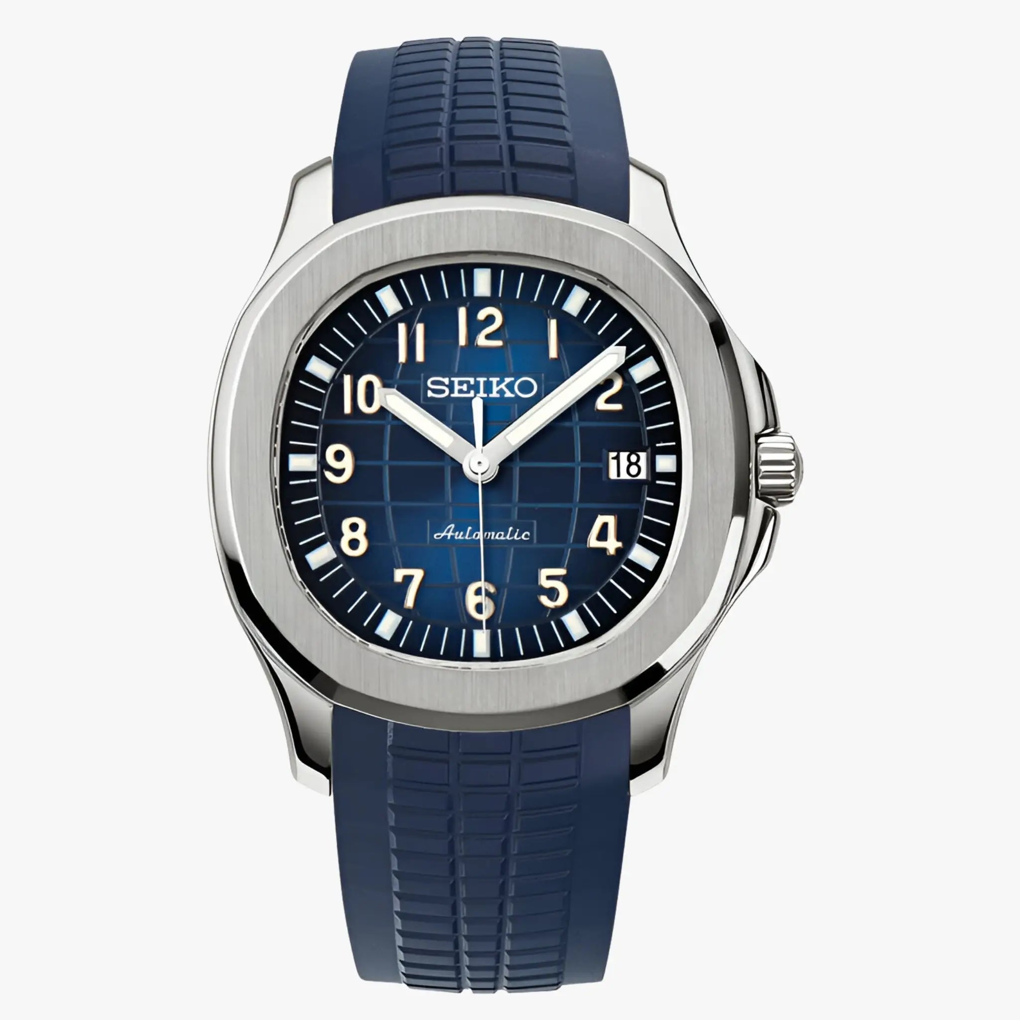 Seiko mod Aquanaut blue rubber strap watch with silver case and grid dial
