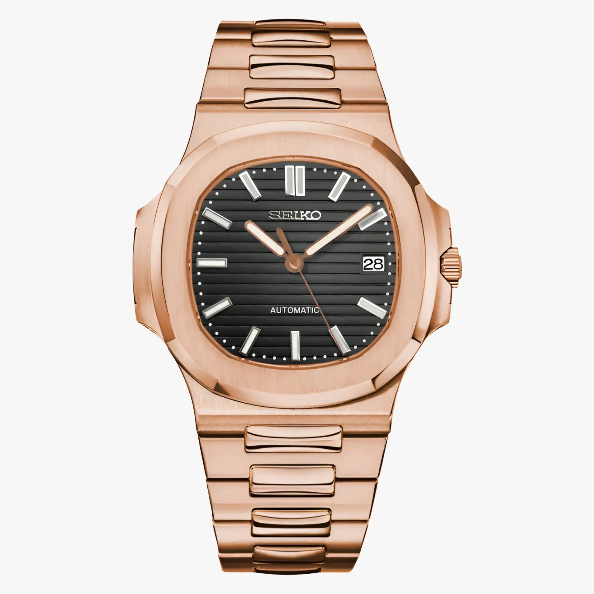 Rose gold black Seiko mod Nautilus watch with NH35 automatic movement
