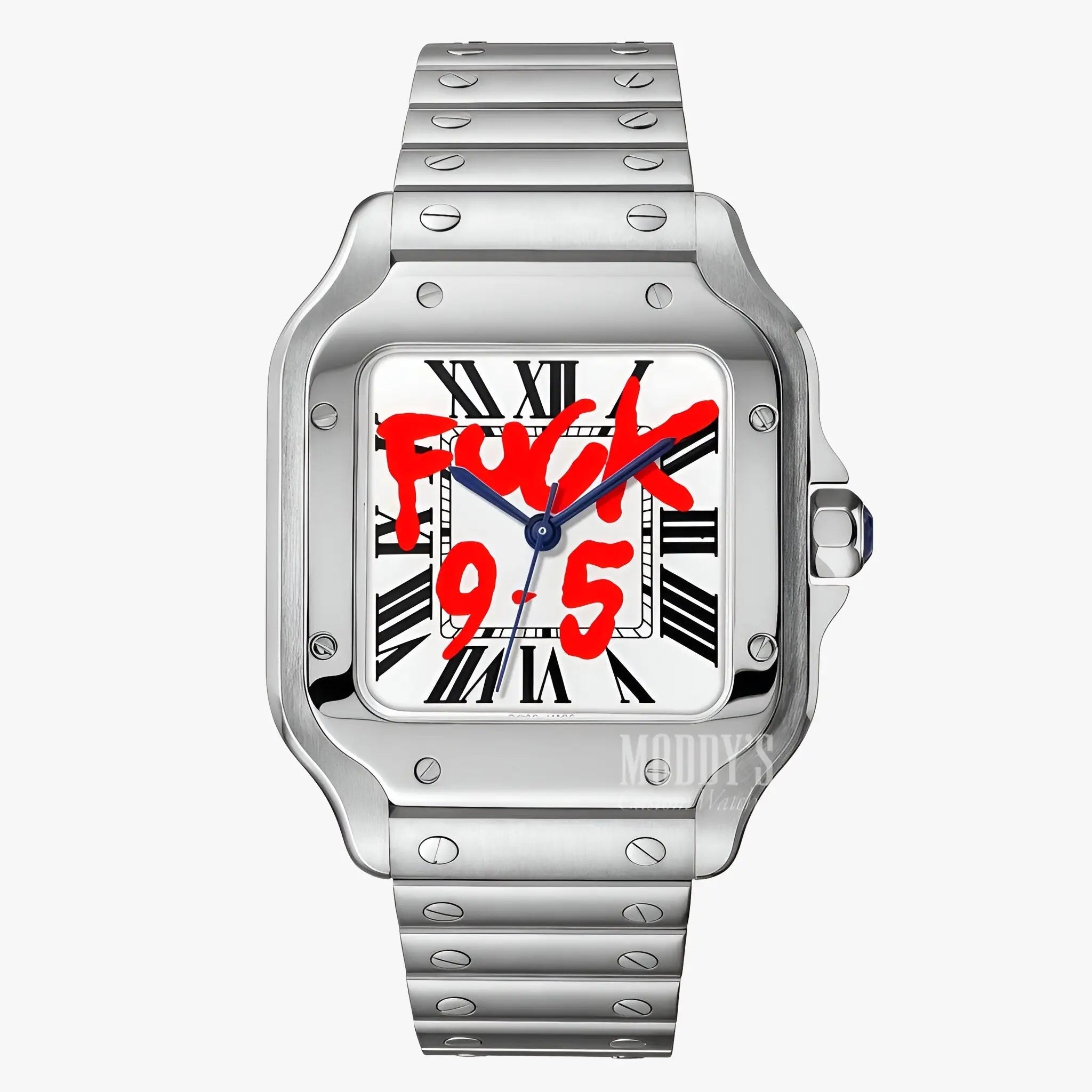 Santeiko Seiko mod Santos silver watch with red Fuck 9-5 text