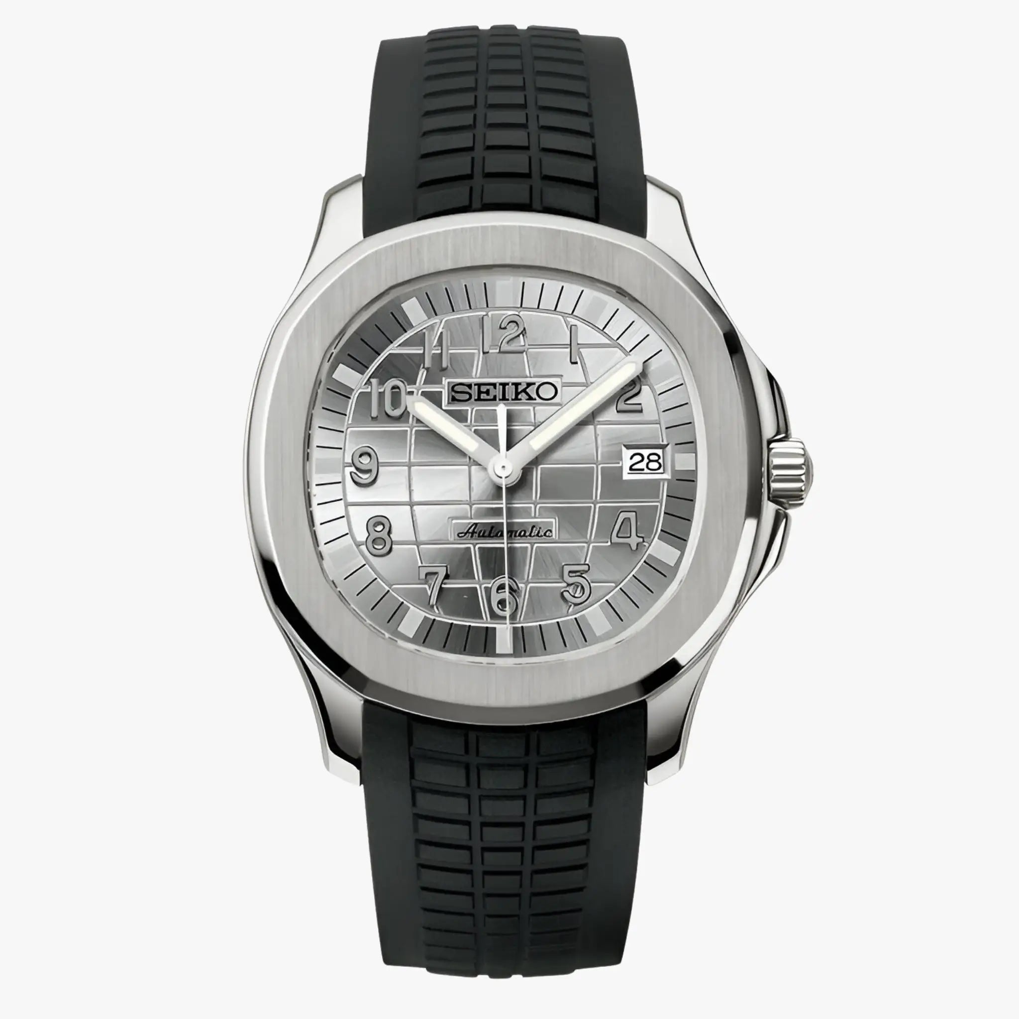 Seiko mod Aquanaut watch with silver dial, black rubber strap, NH35 automatic movement