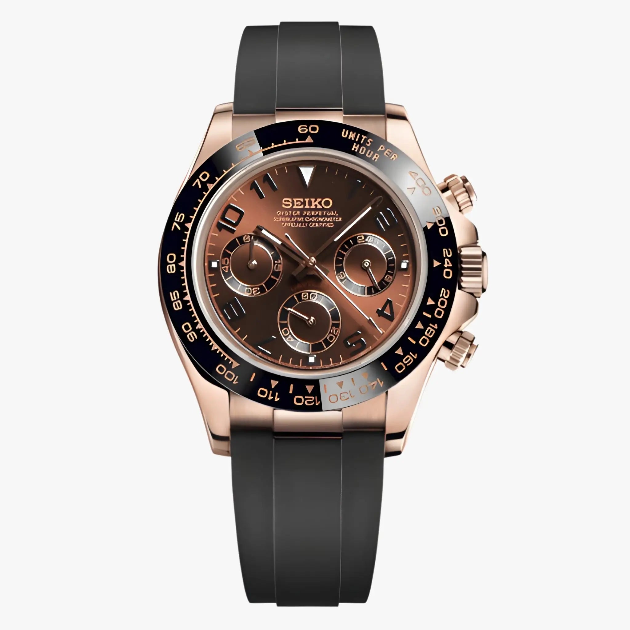 Seiko VK63 hybrid chronograph mod Daytona with rose gold case and brown dial