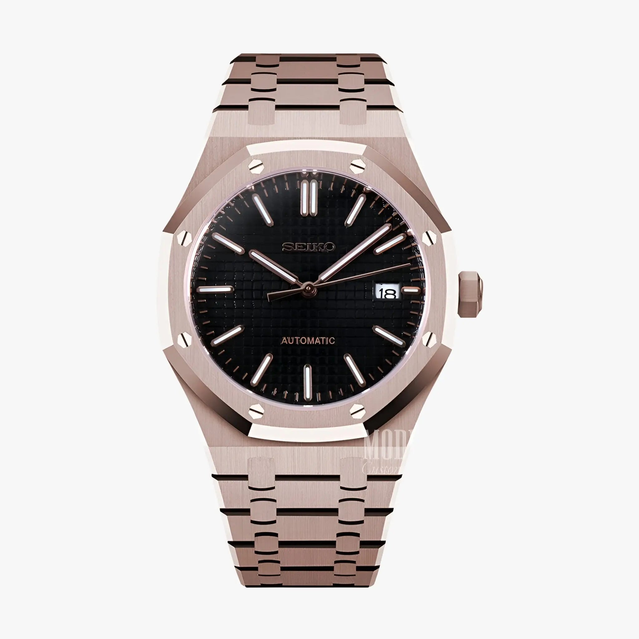 Royal Oak mod Seiko NH35 automatic watch in rose gold with black dial