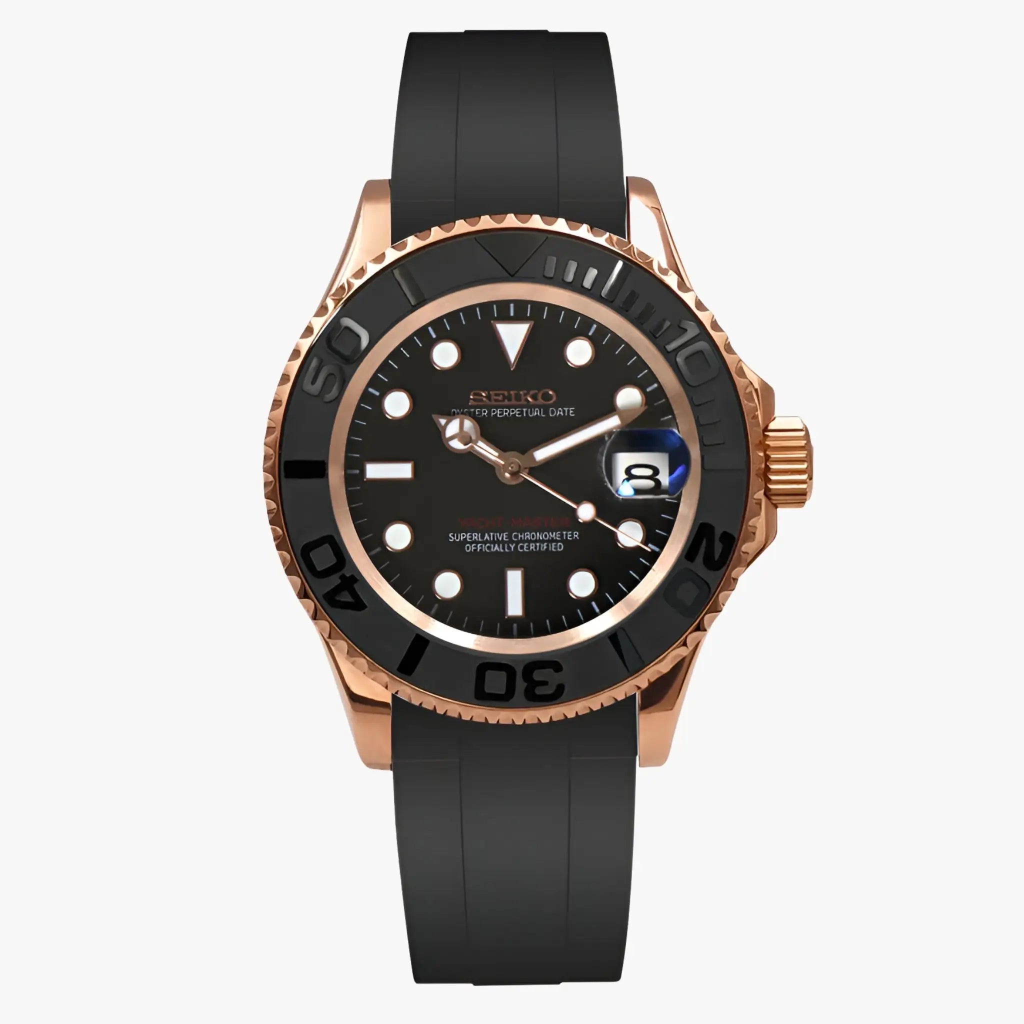 Rose gold Seiko diver watch with black rubber strap, bezel, Seiko NH35 automatic movement