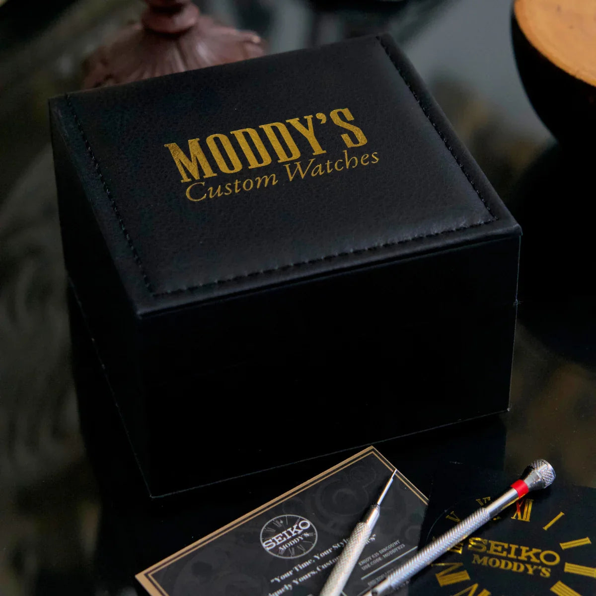 Black leather box for Seiko mod with gold Moddys Custom Watches emboss