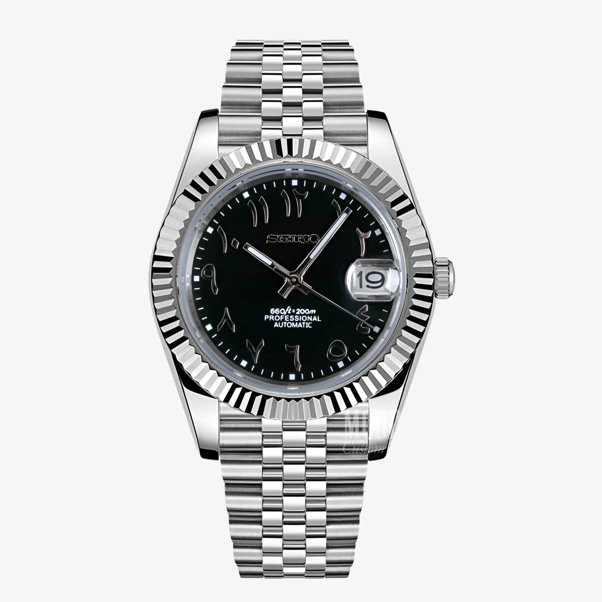 Seiko mod Datejust black Arabic watch with 904L stainless steel bracelet
