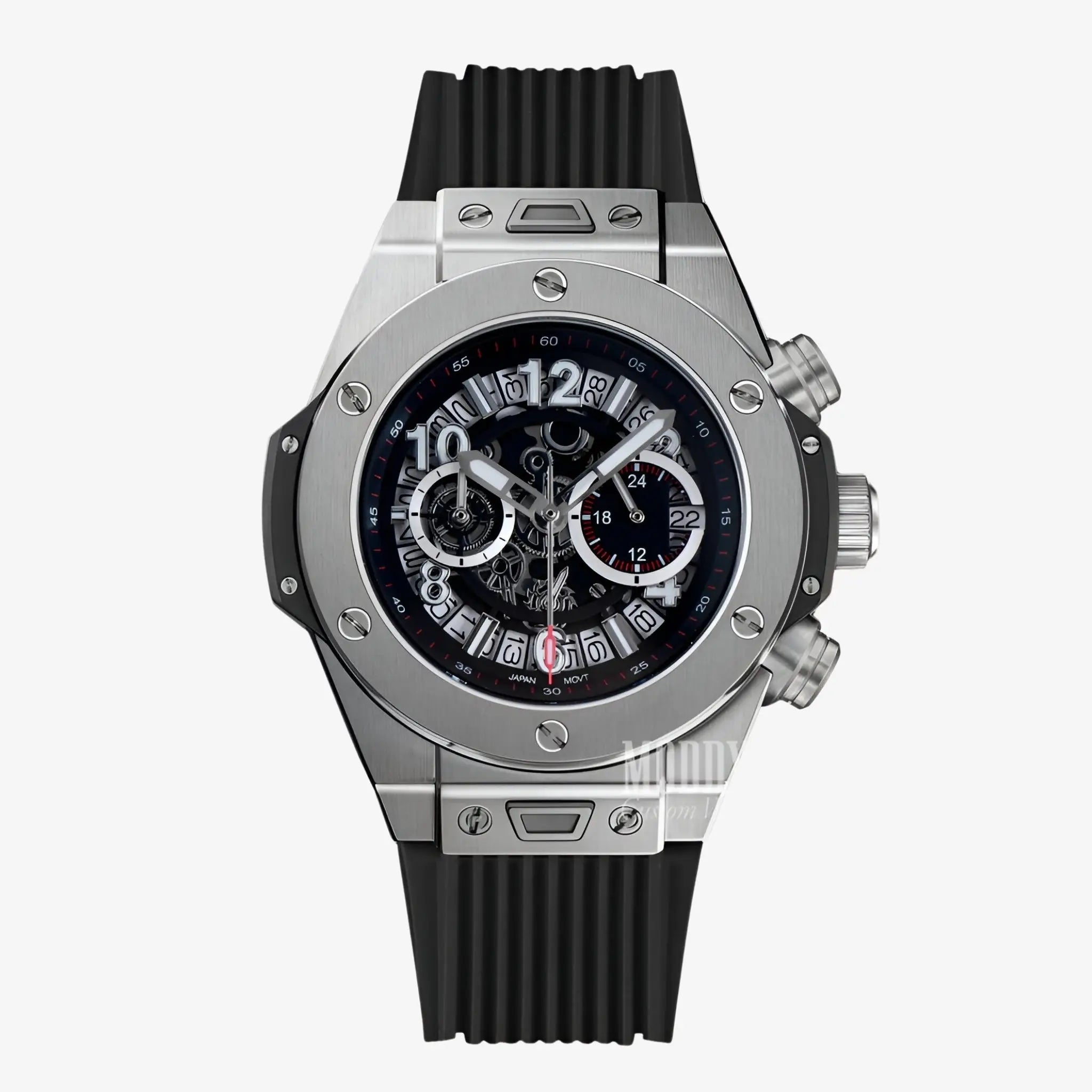 Hublot Big Bang Skeleton chronograph watch with black dial and rubber strap
