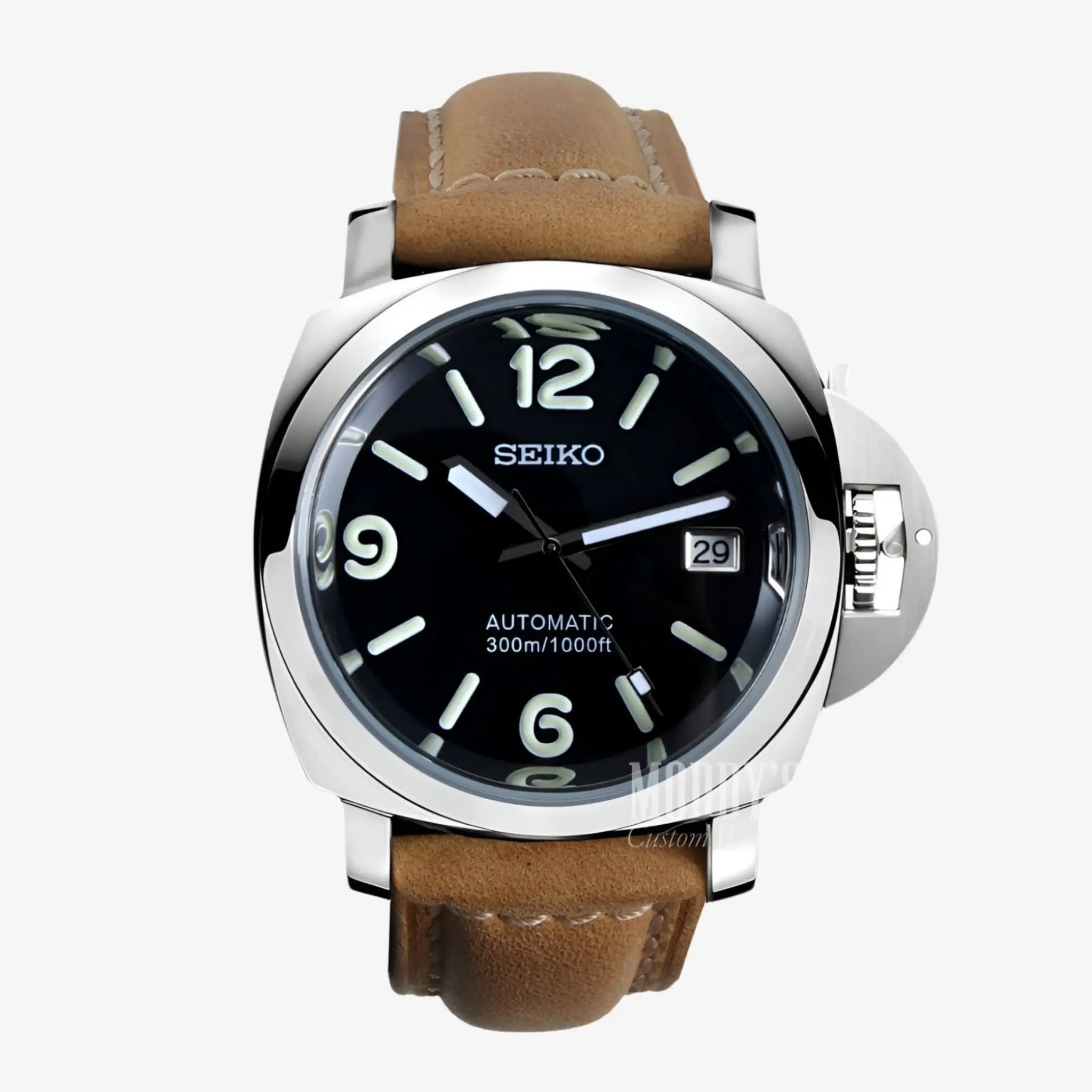 Seiko NH35 automatic watch with brown leather strap and black dial