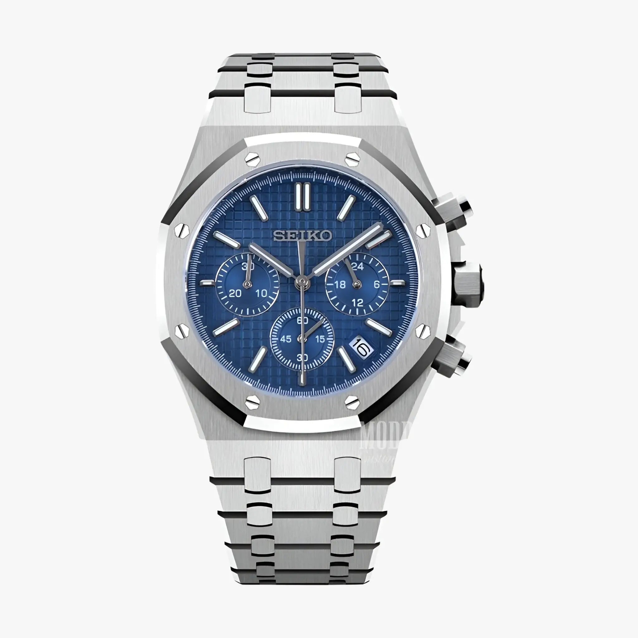 Royal Seikoak Chrono Blue watch with blue dial, silver accents, prestigious Seiko VK63
