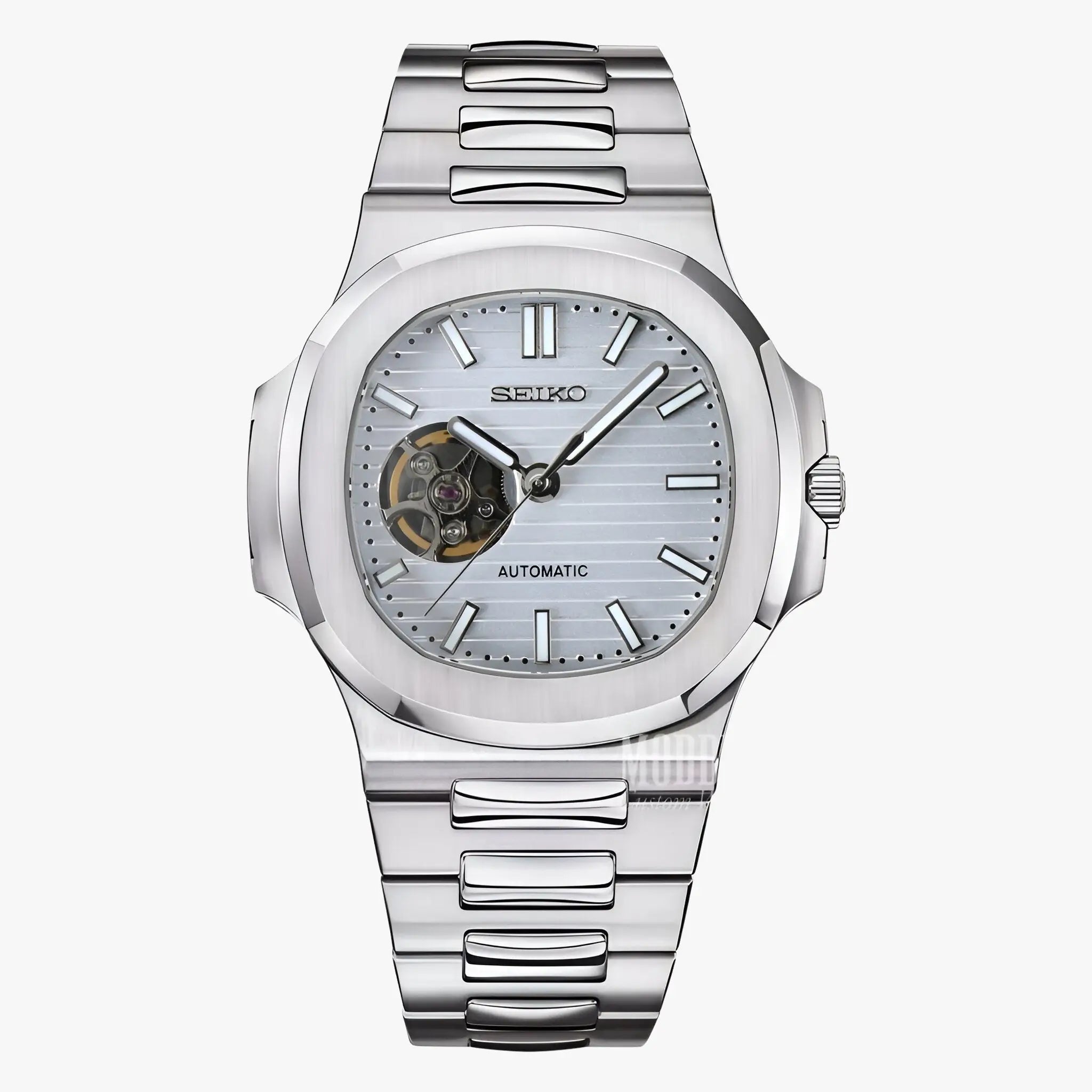 Nautiko White Open Heart Seiko mod Nautilus watch with 904L steel