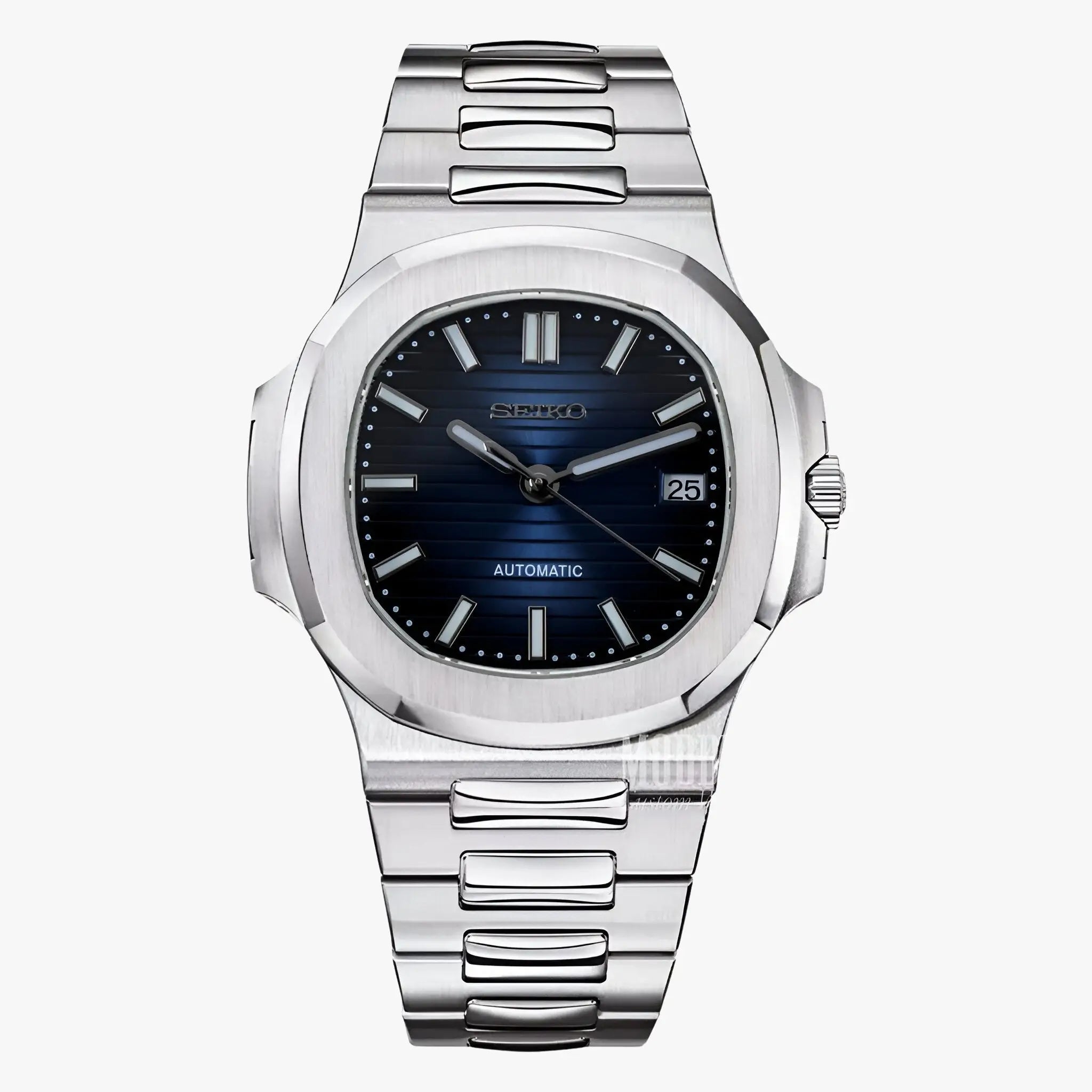 Seiko mod Nautilus watch with NH35 automatic, 316L steel, blue dial