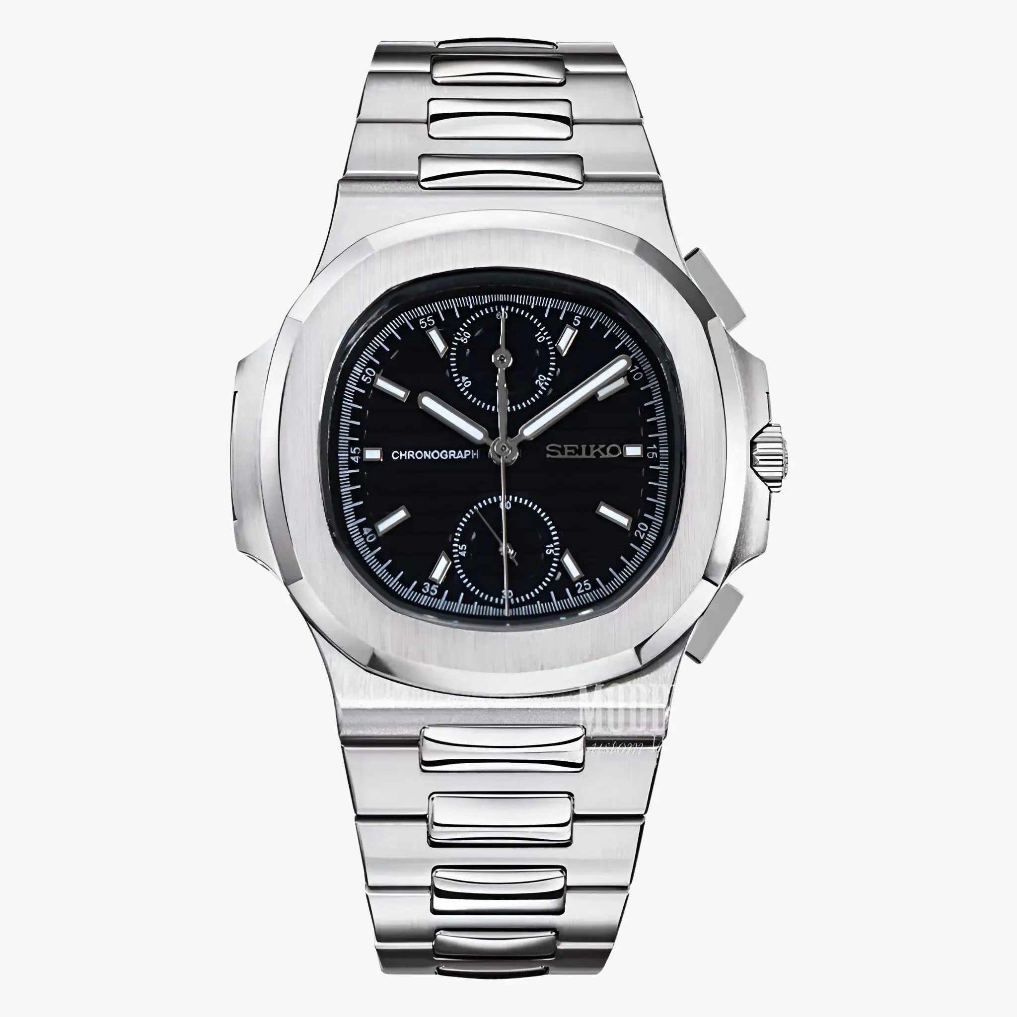 Seiko Nautiko Chrono Black mod Nautilus watch with 904L stainless steel bracelet and black dial