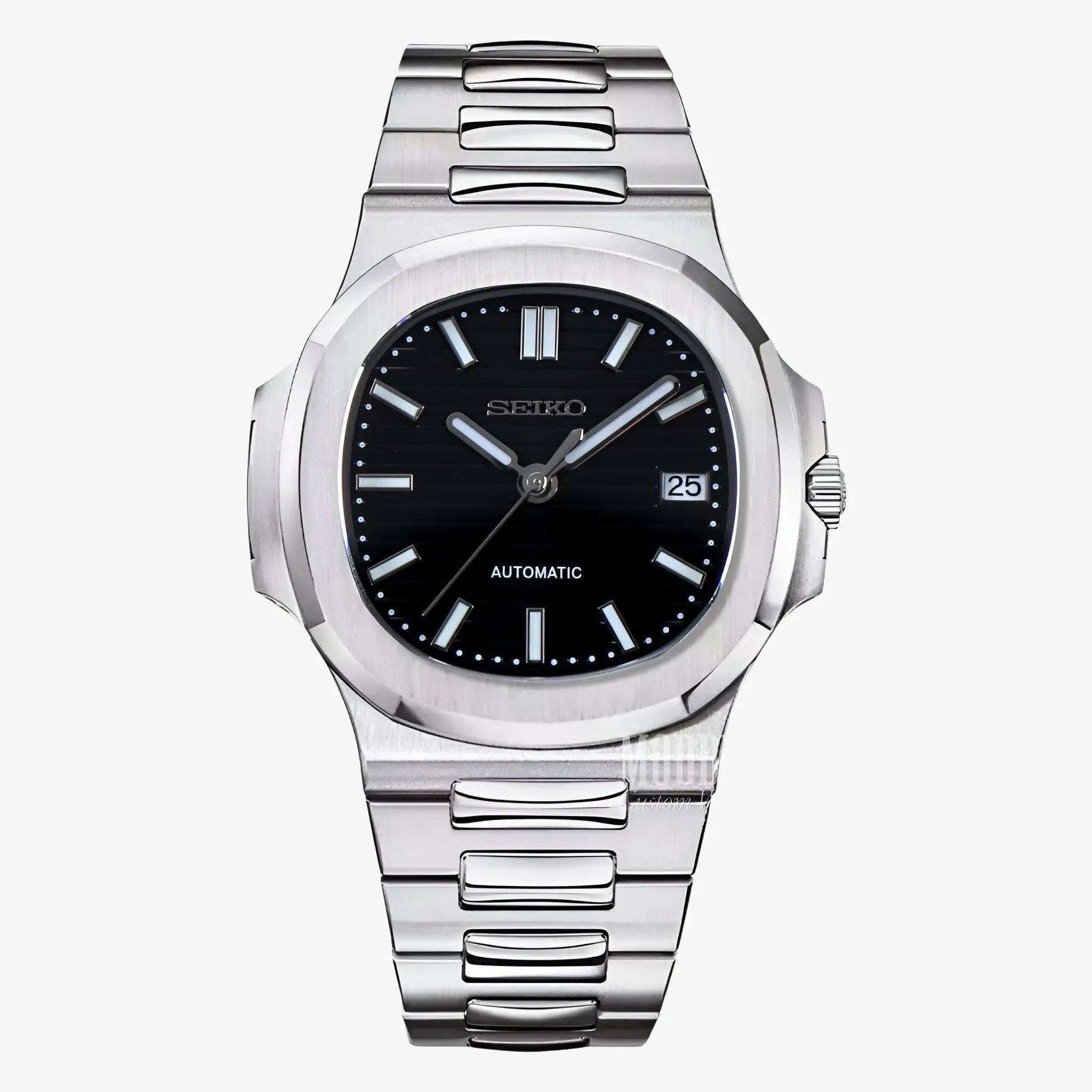 Seiko mod Nautilus black dial watch with NH35 automatic movement