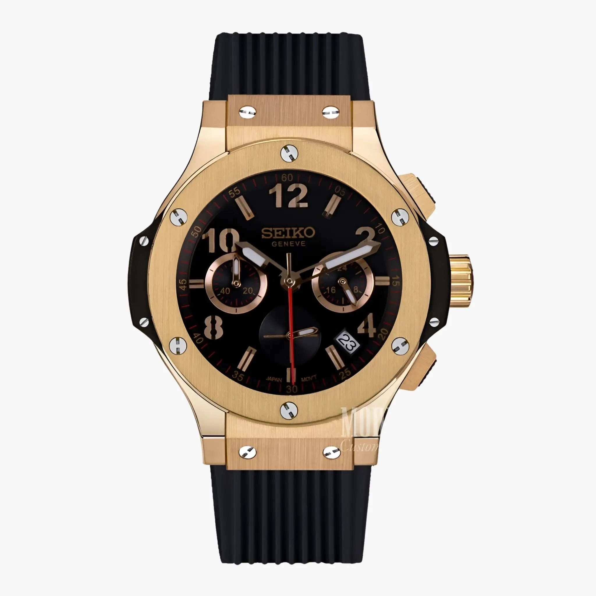 Big Bang Rose Gold Hubleiko Seiko mod chronograph with rubber strap