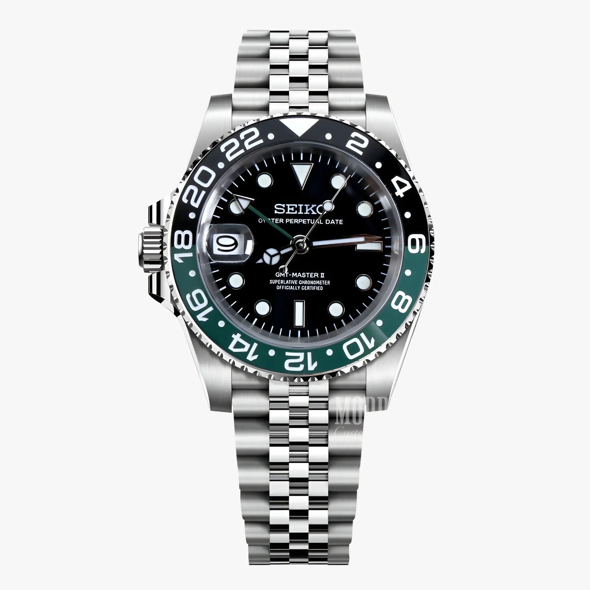 Seiko NH34 automatic mod GMT watch with black dial and green blue bezel