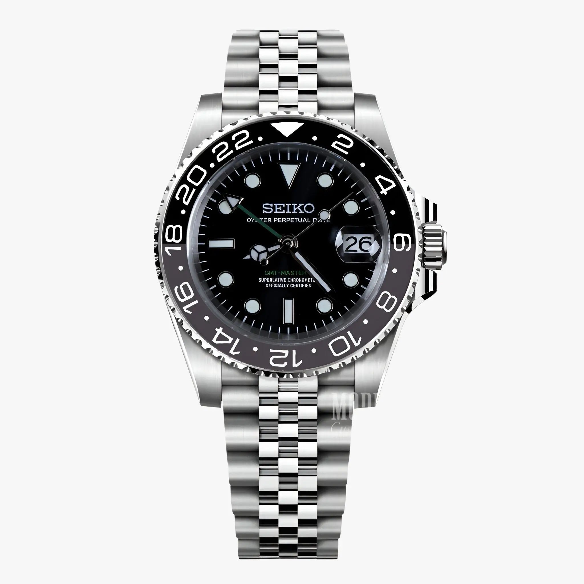 Seiko NH34 automatic mod GMT watch with black dial, silver bezel and bracelet
