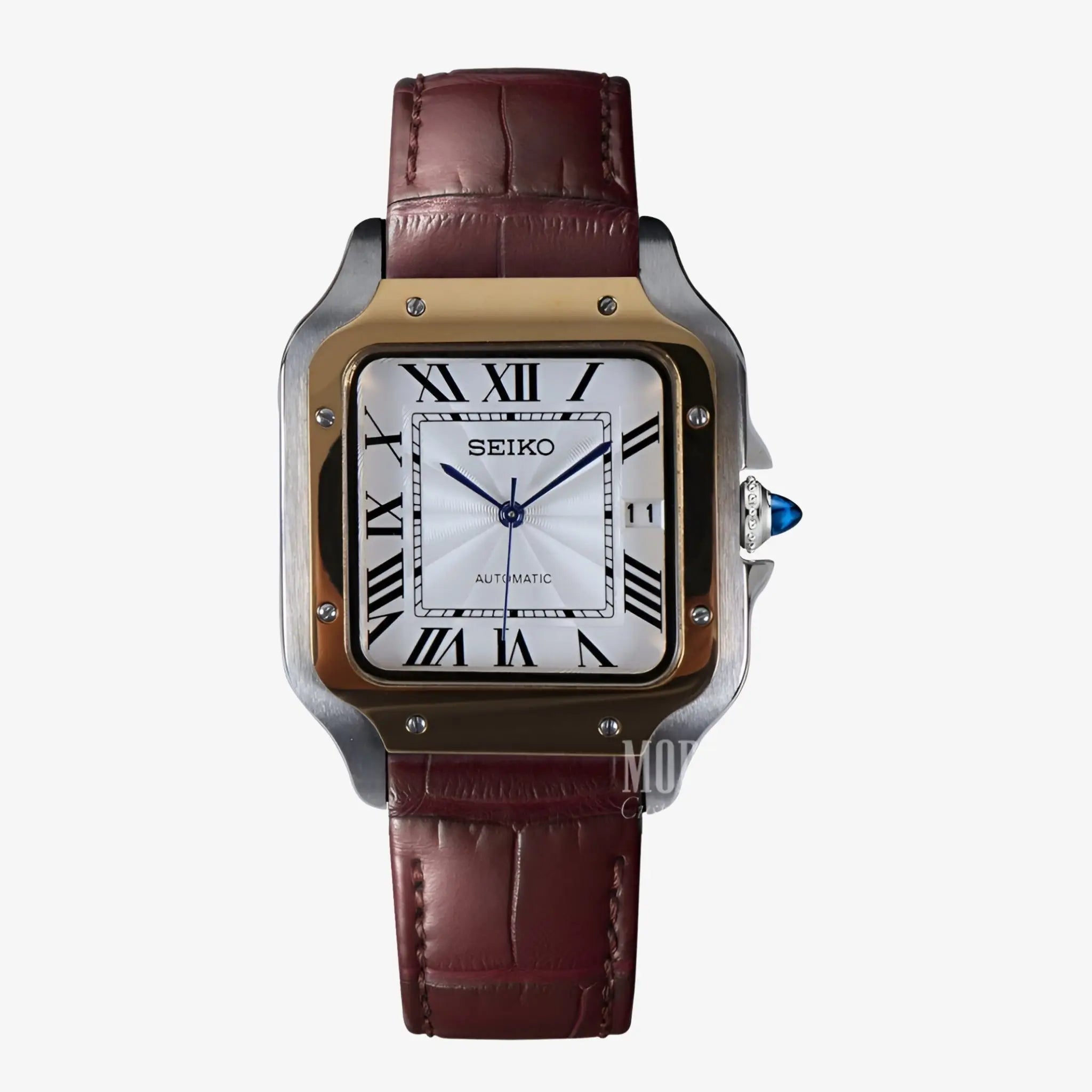 Seiko mod santos square watch with NH35 automatic movement, brown leather strap