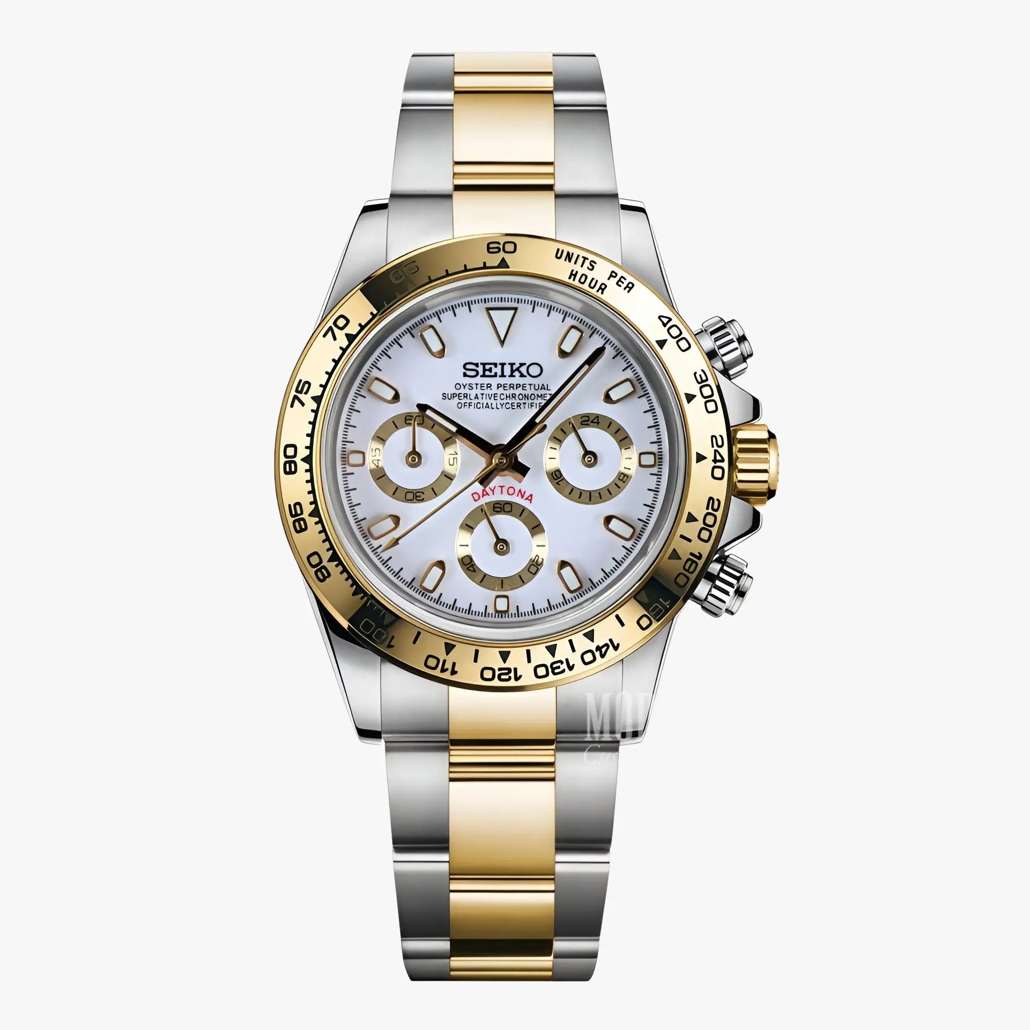 Seiko two-tone chronograph watch with white dial, gold accents, VK63 hybrid movement