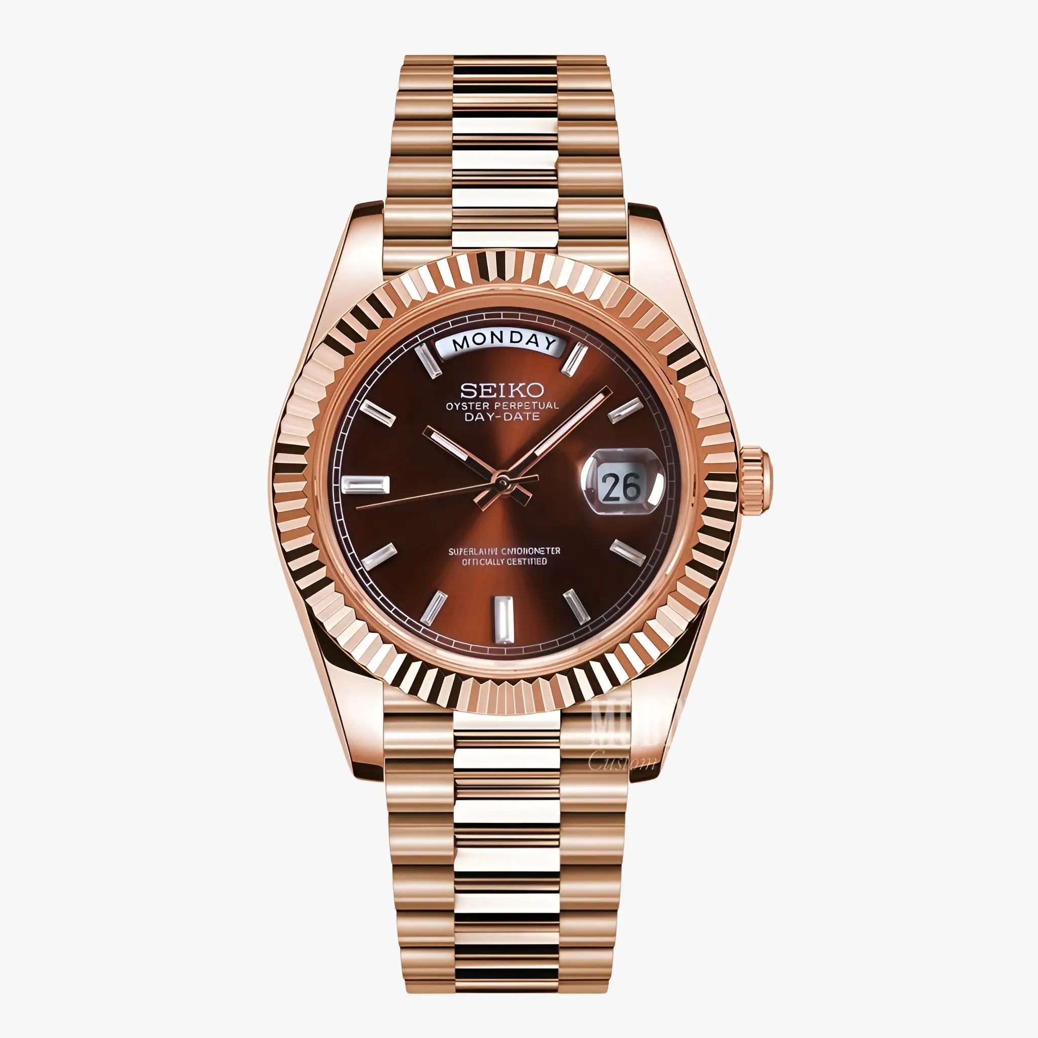 Rose gold Seiko mod watch with brown dial, date display, 316L steel, automatic movement