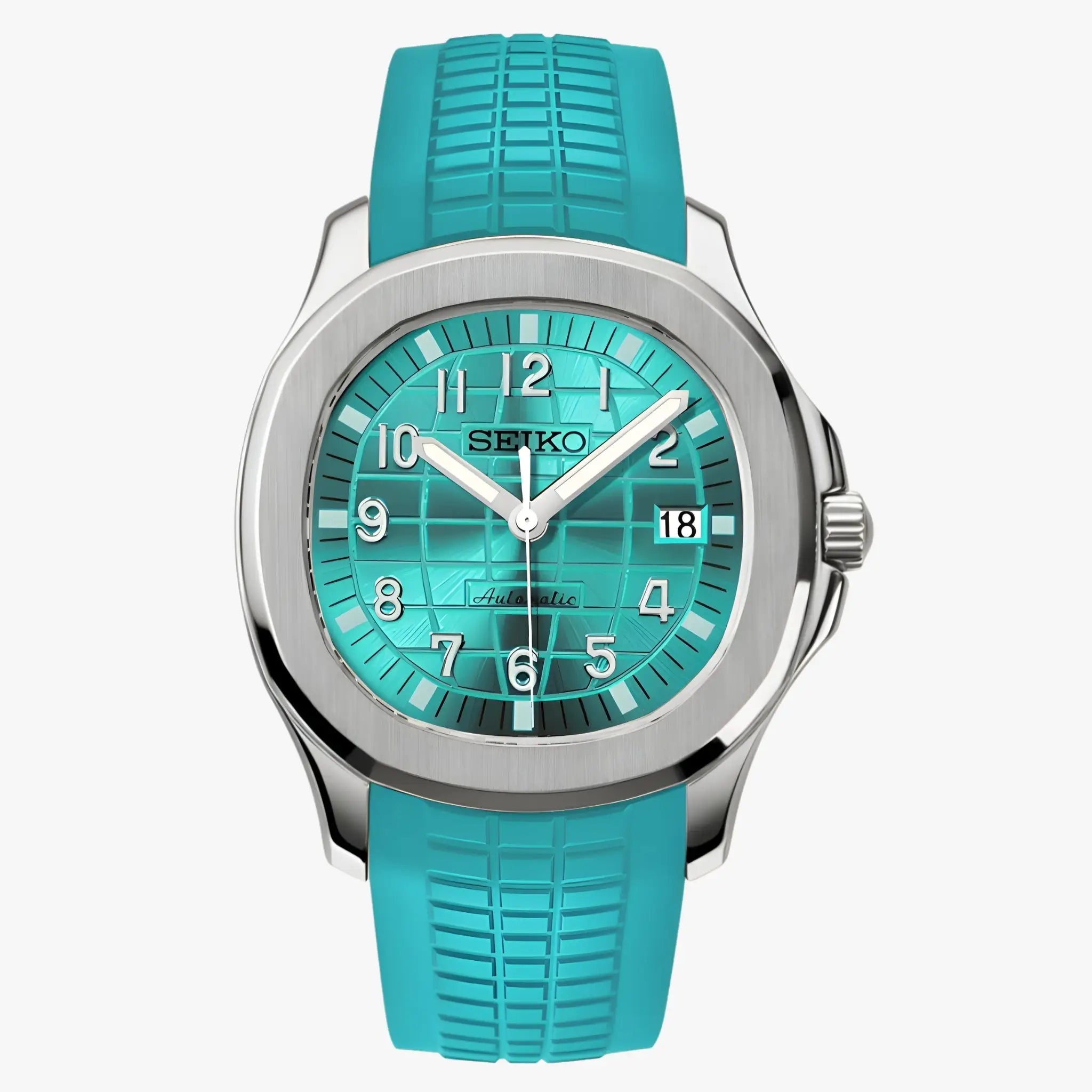 Seiko mod aquanaut NH35 automatic in Tiffany metallic blue with turquoise rubber strap