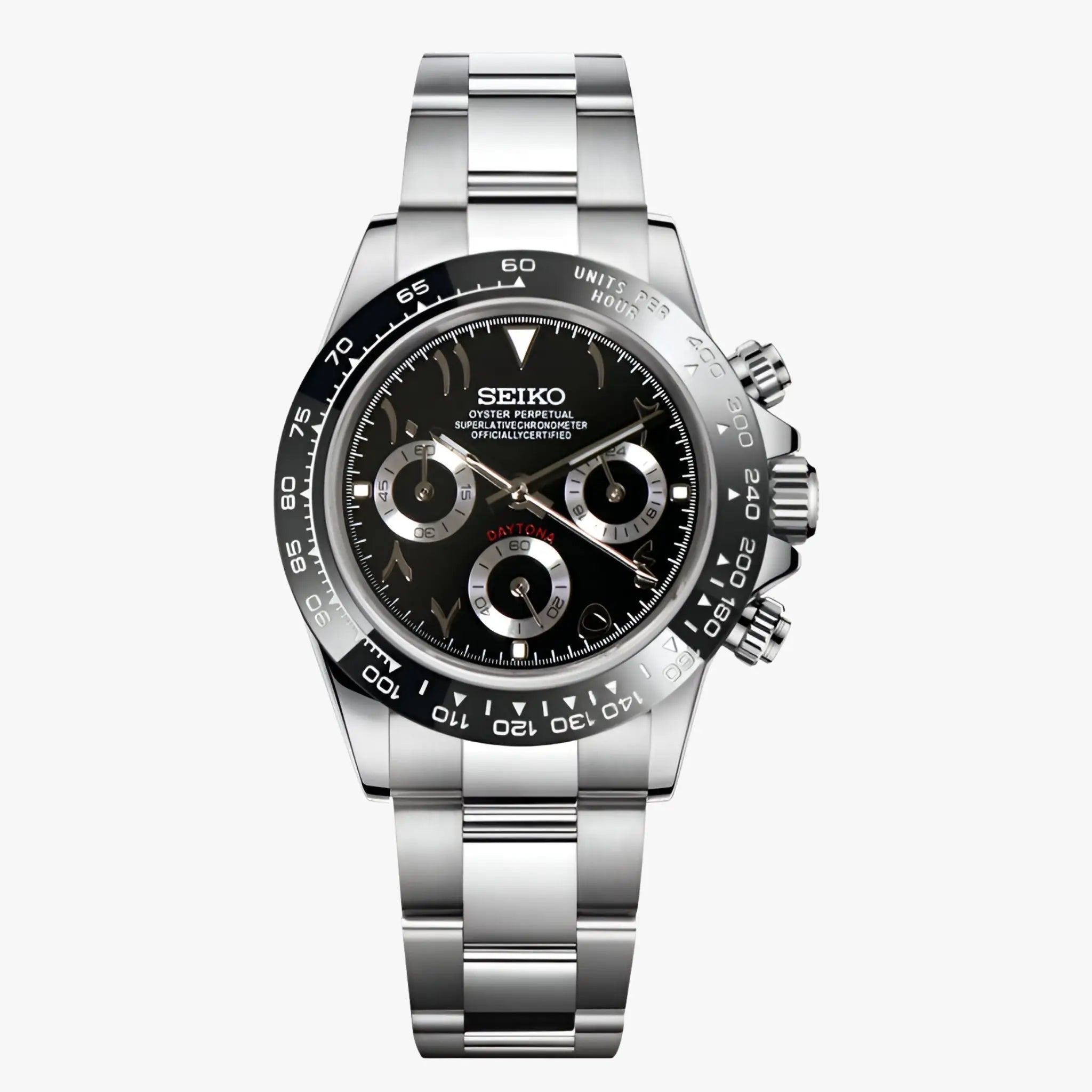 Seiko VK63 hybrid mod Daytona chronograph with black dial and silver bracelet