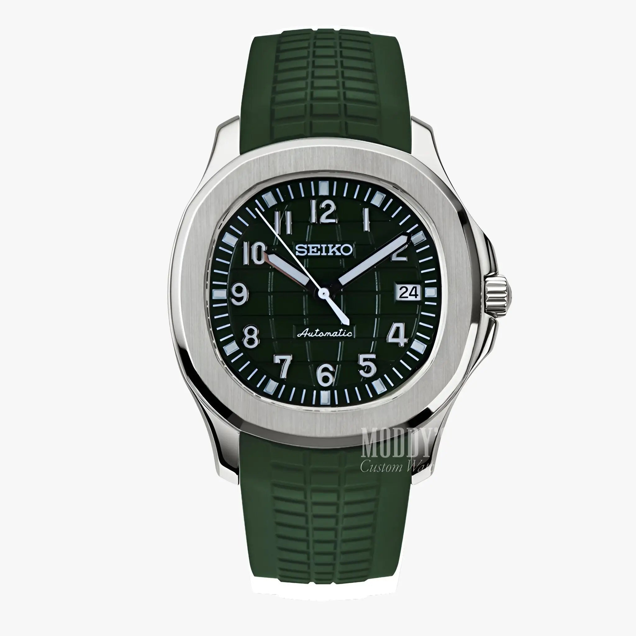 Seiko mod aquanaut watch with green rubber strap, silver case, black dial, Seiko NH35 automatic, sapphire glass