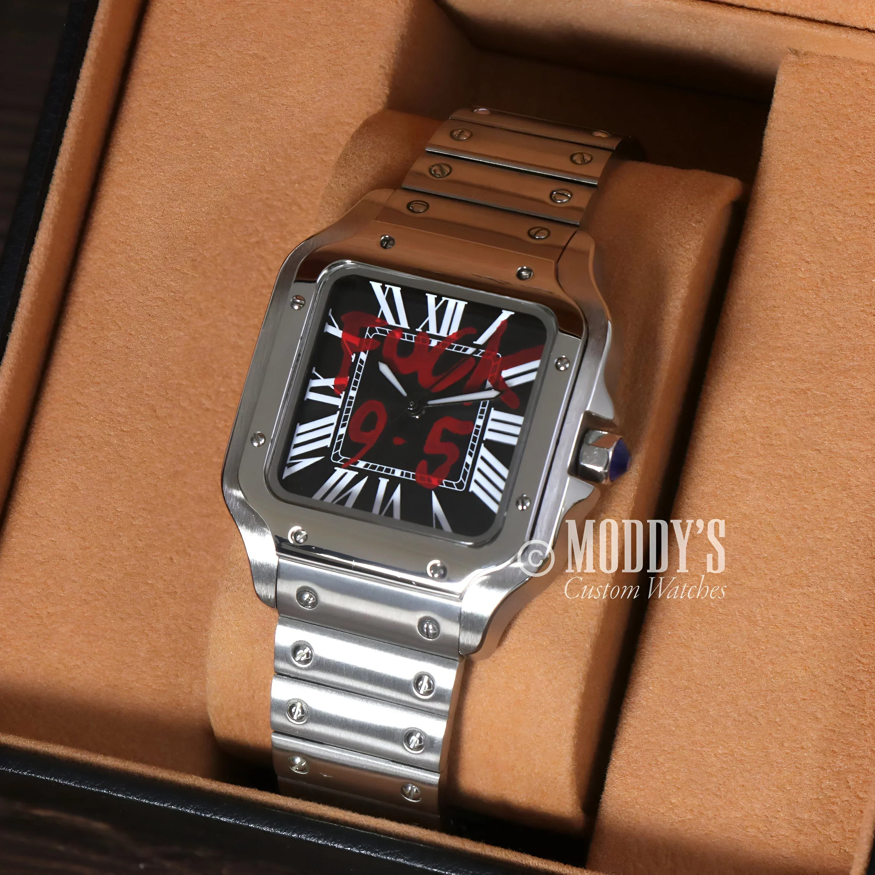 Silver wristwatch with red digital display from Santeiko Seiko Mod Santos collection