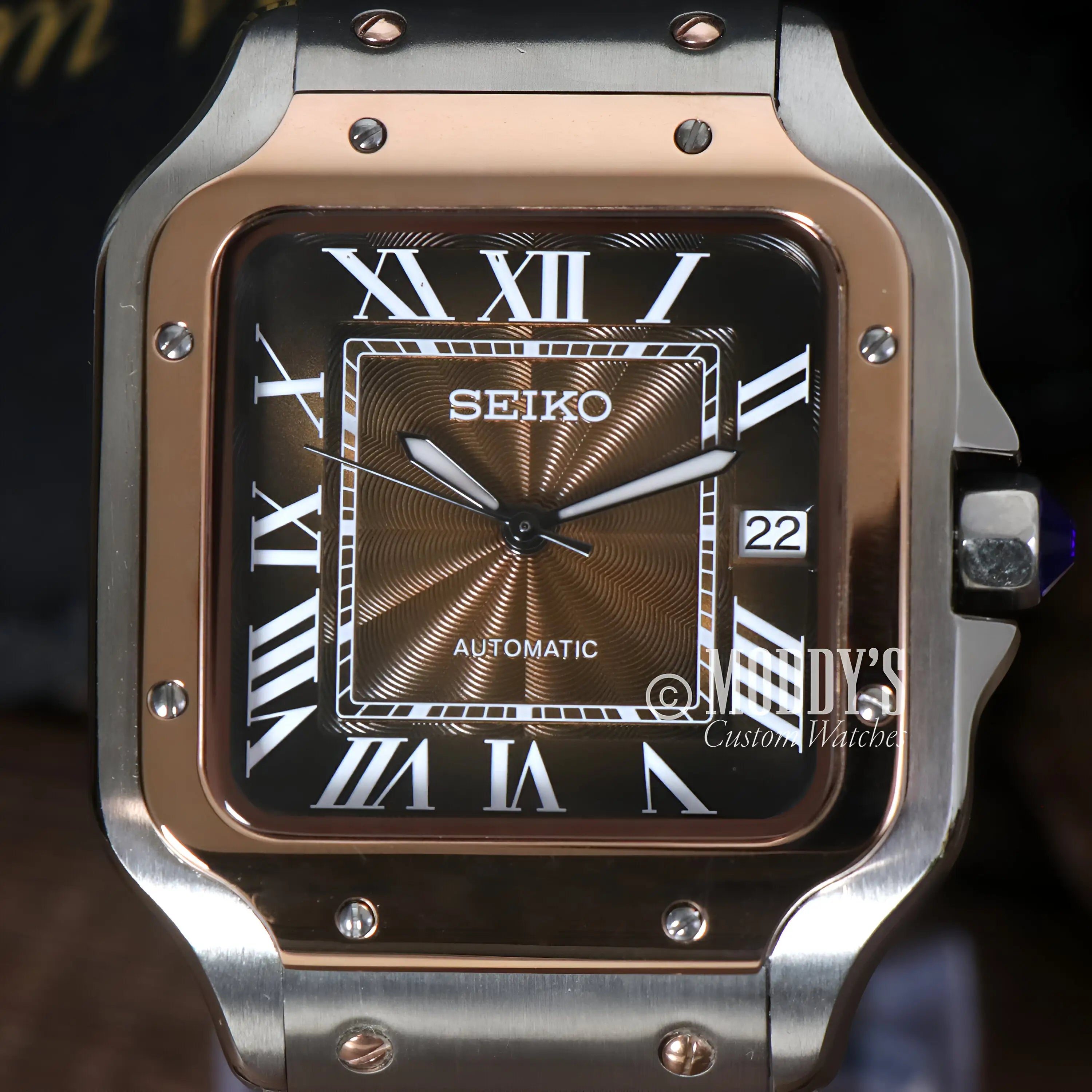 Santeiko Rose Gold Brown Seiko NH35 automatic mod Santos watch with sapphire glass