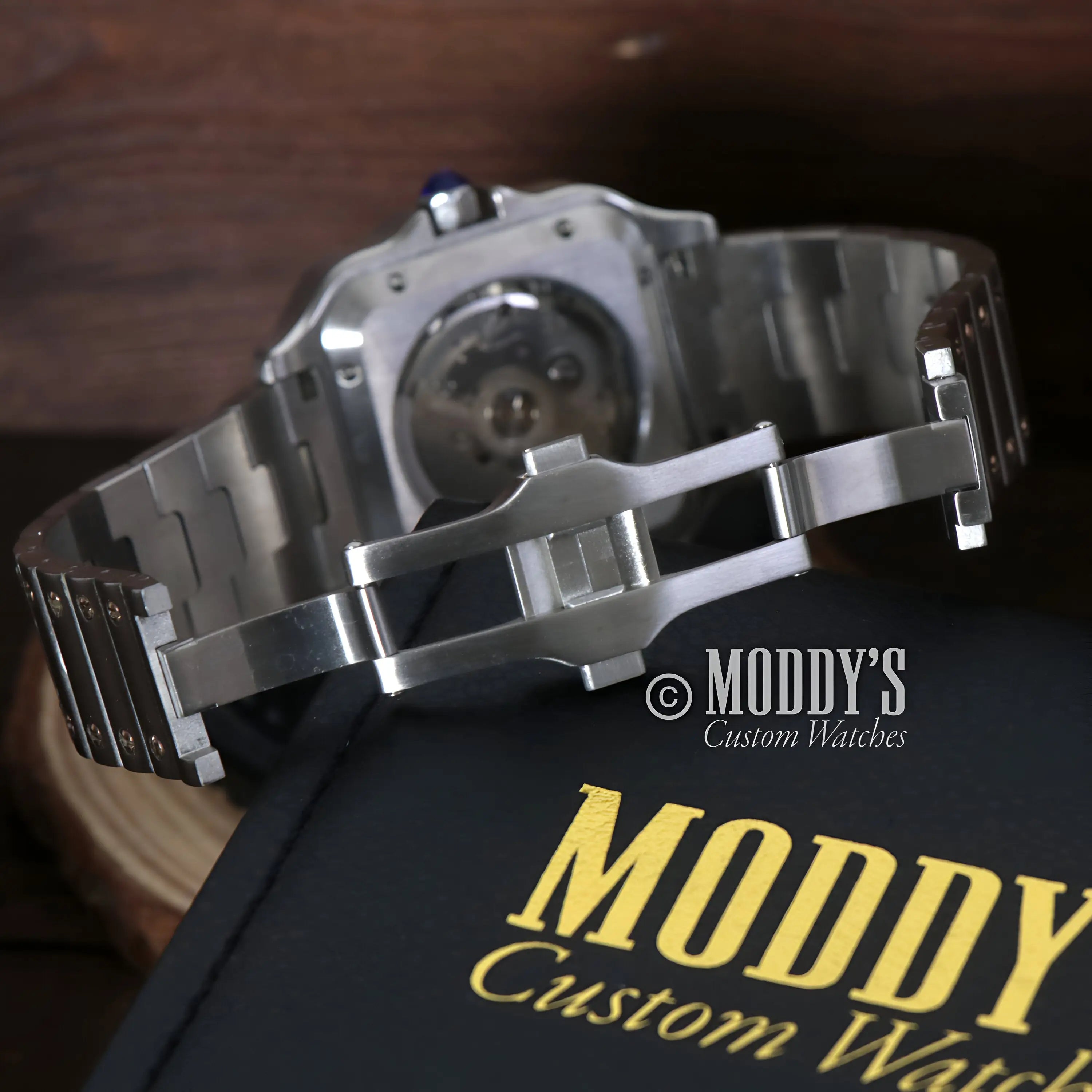 Seiko NH35 automatic mod Santos watch with sapphire glass blue accent