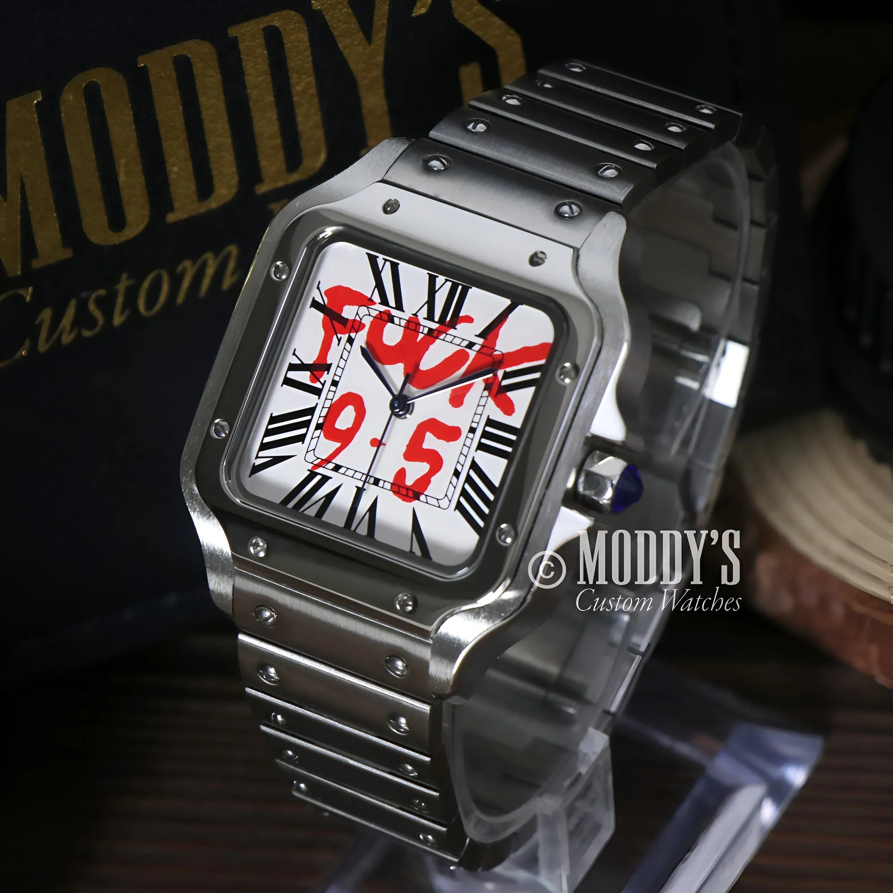 Silver Santeiko wristwatch with red graffiti featuring Seiko NH35 automatic movement