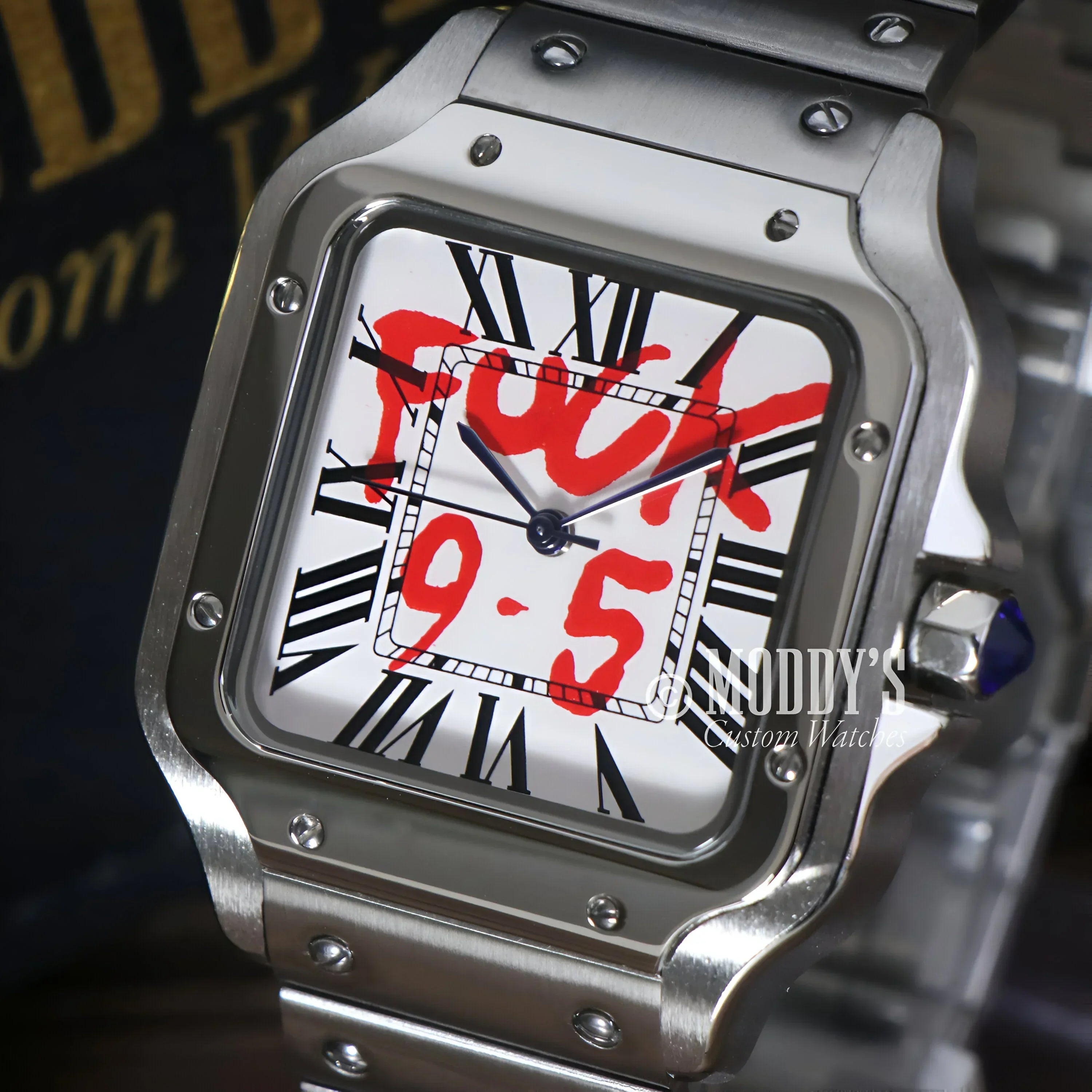 Silver wristwatch with red graffiti design from Santeiko, featuring Seiko NH35 automatic