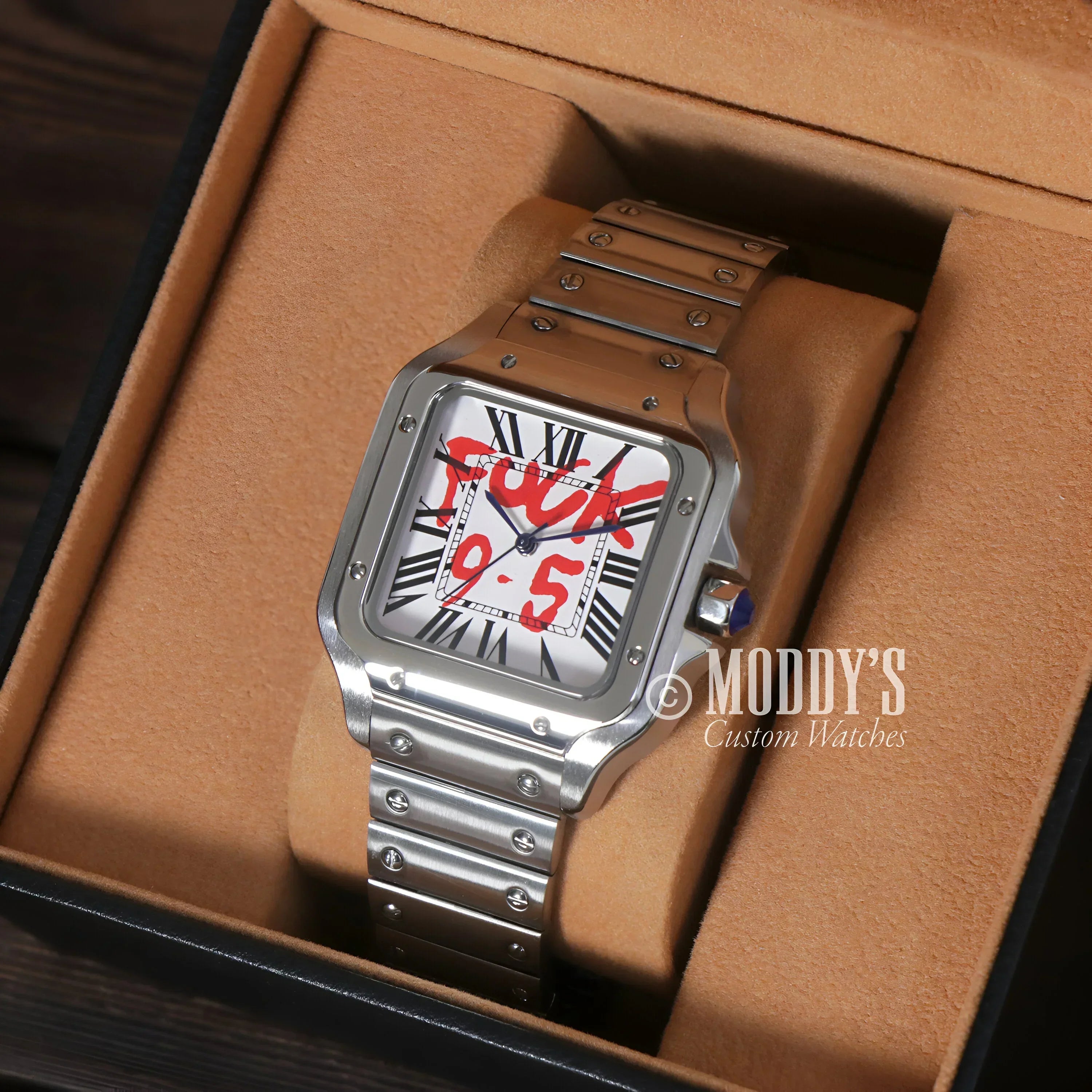 Silver Seiko Mod wristwatch with red graffiti from Santeiko White Fck 9 to 5 collection
