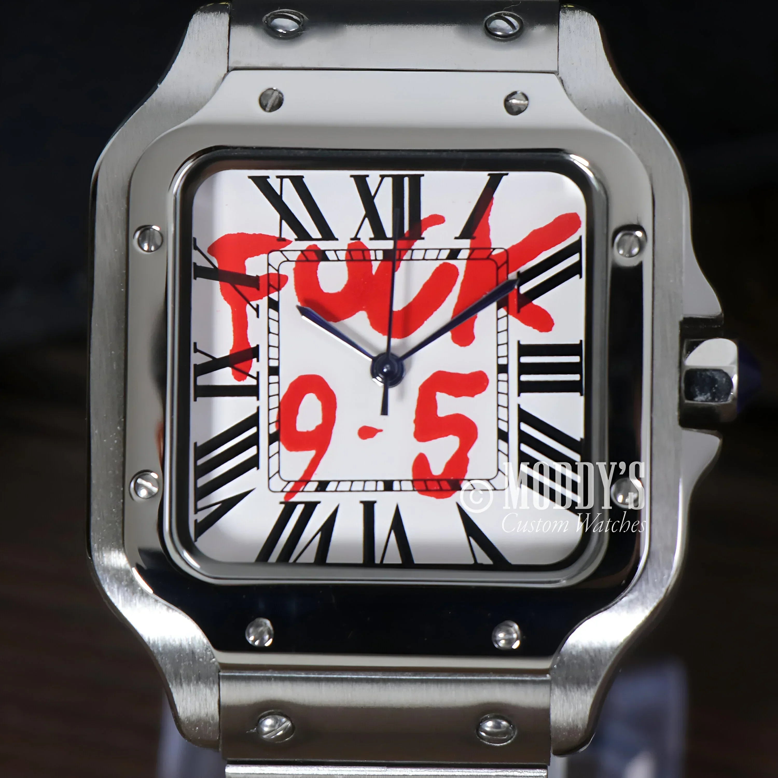 Silver wristwatch with White Fck 9 to 5 message, featuring Seiko NH35 automatic movement