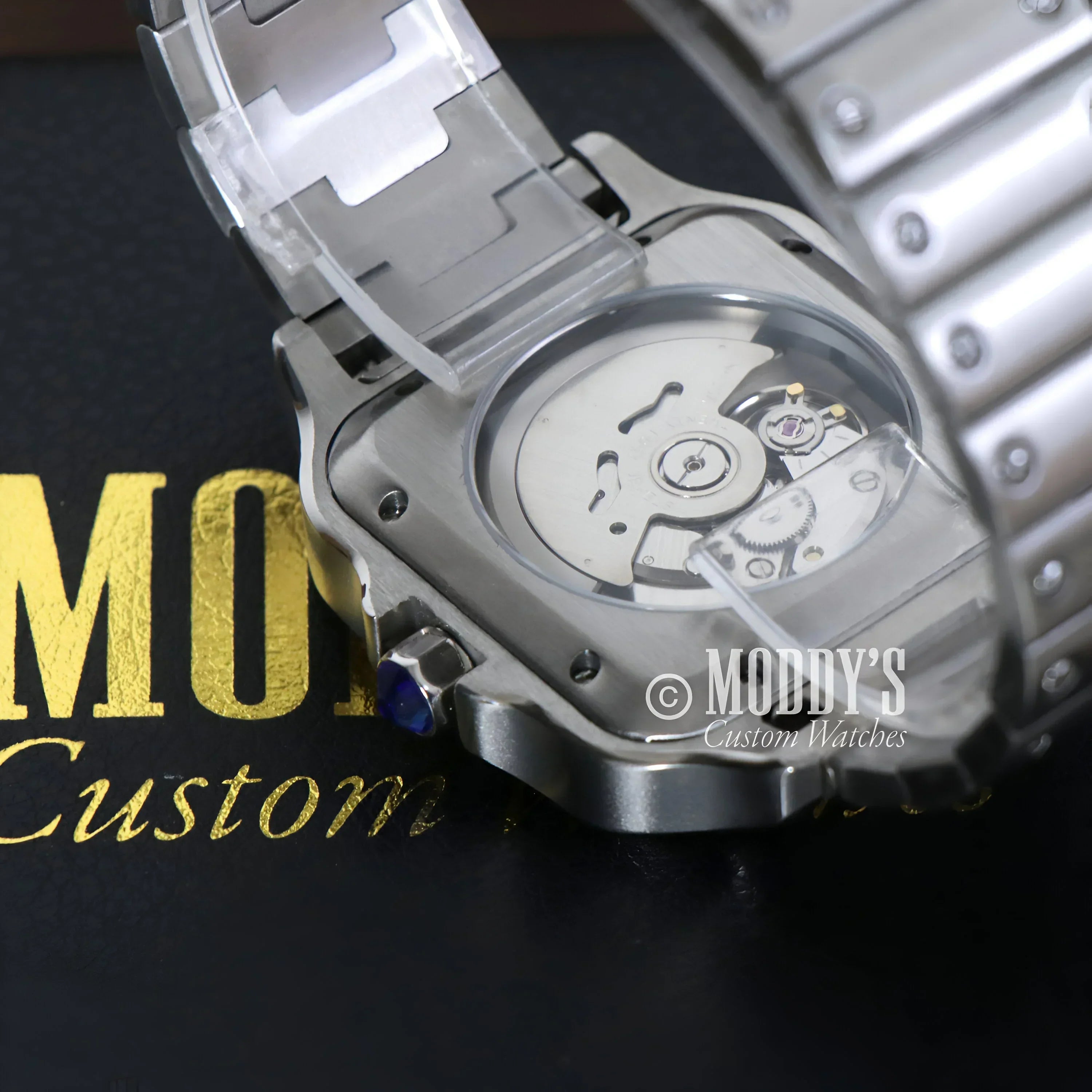 Silver wristwatch with visible movement, Santeiko White Fck 9 to 5, Seiko NH35 automatic