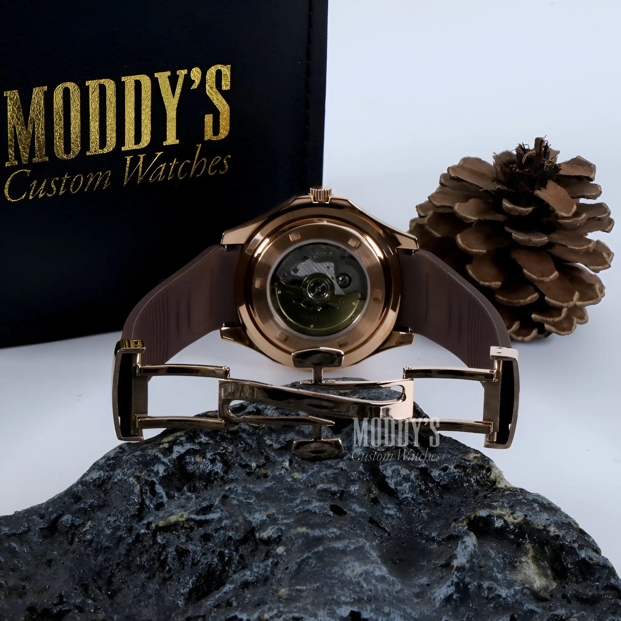 Seiko mod aquanaut rose gold skeleton watch with brown leather strap