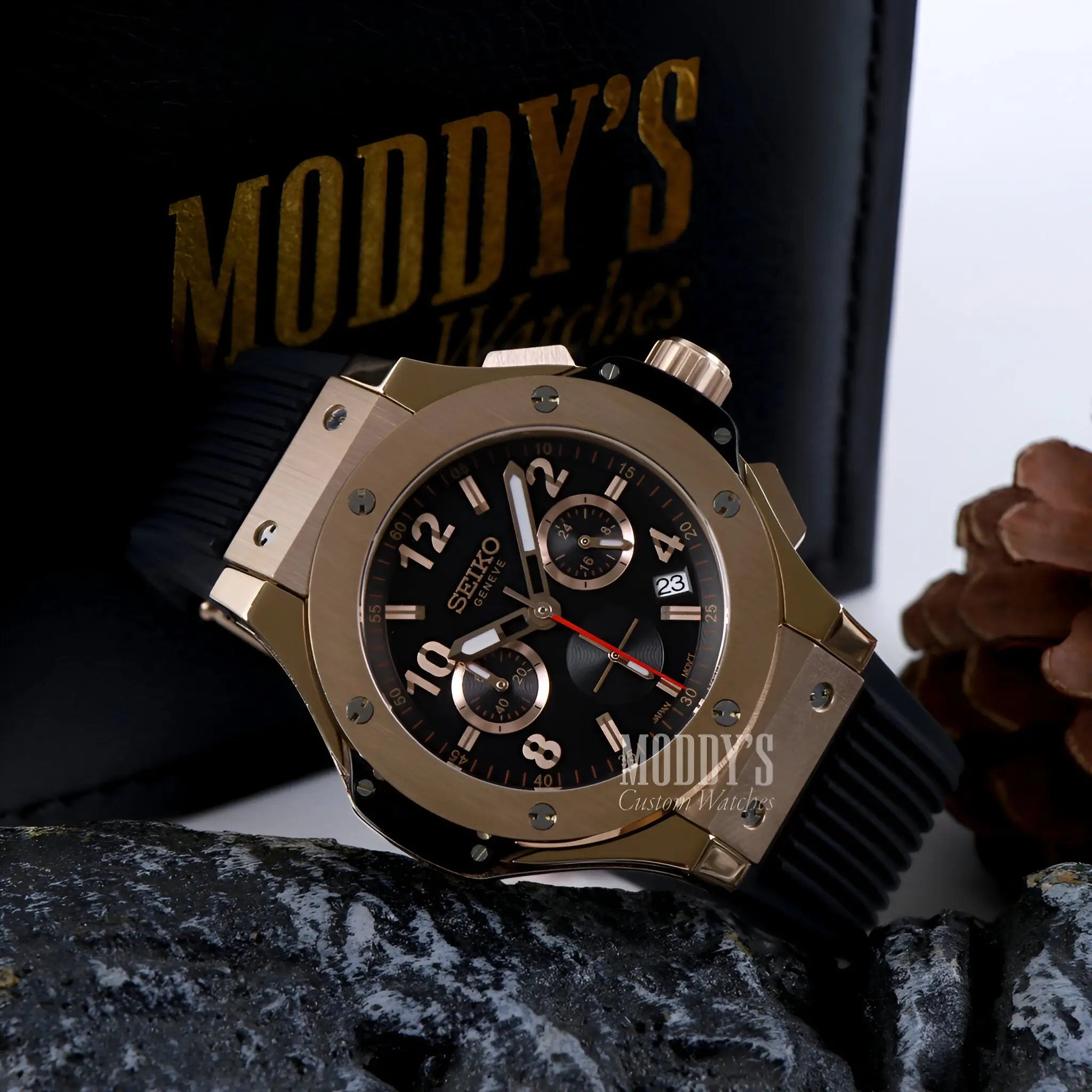 Hubleiko Big Bang Rose Gold Seiko mod watch with black dial