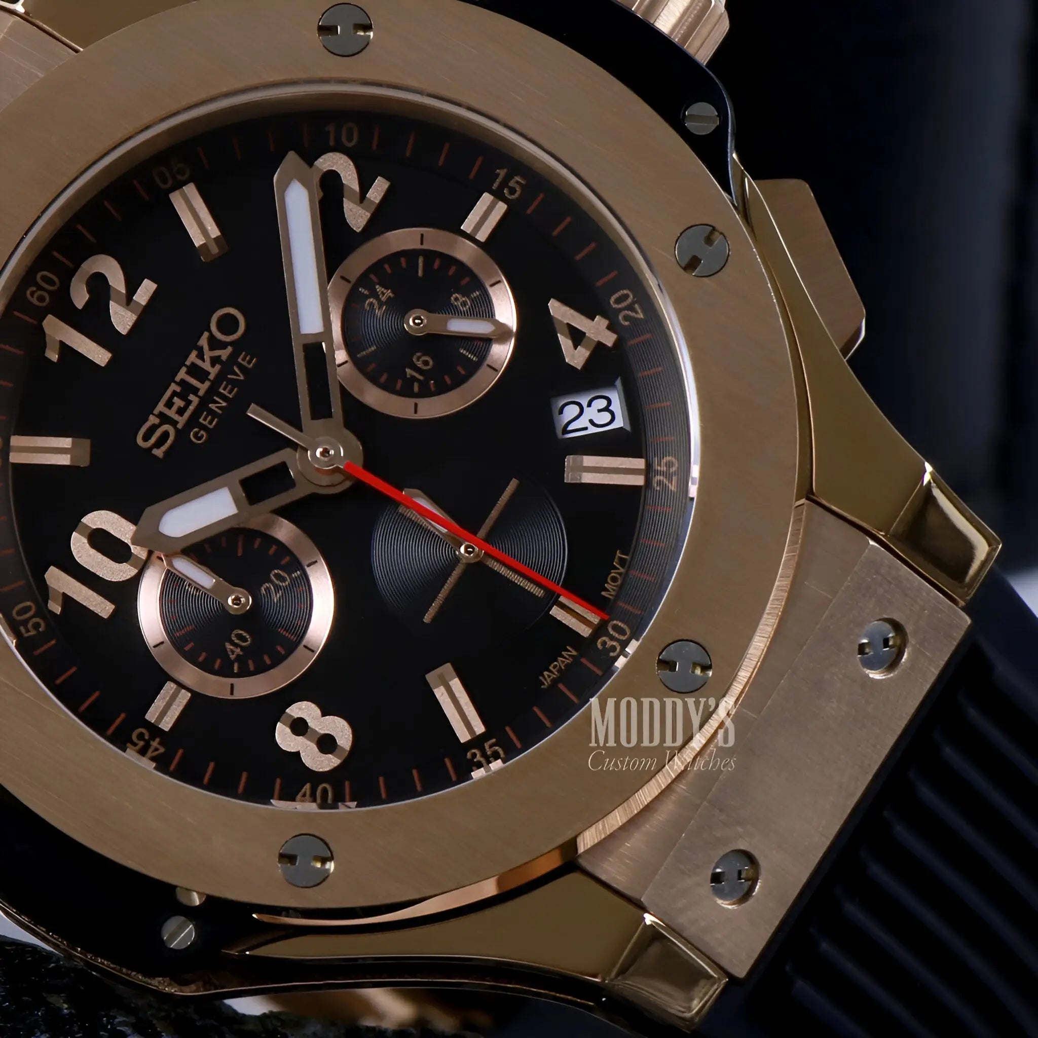 Big Bang Rose Gold Seiko mod chronograph watch with leather strap