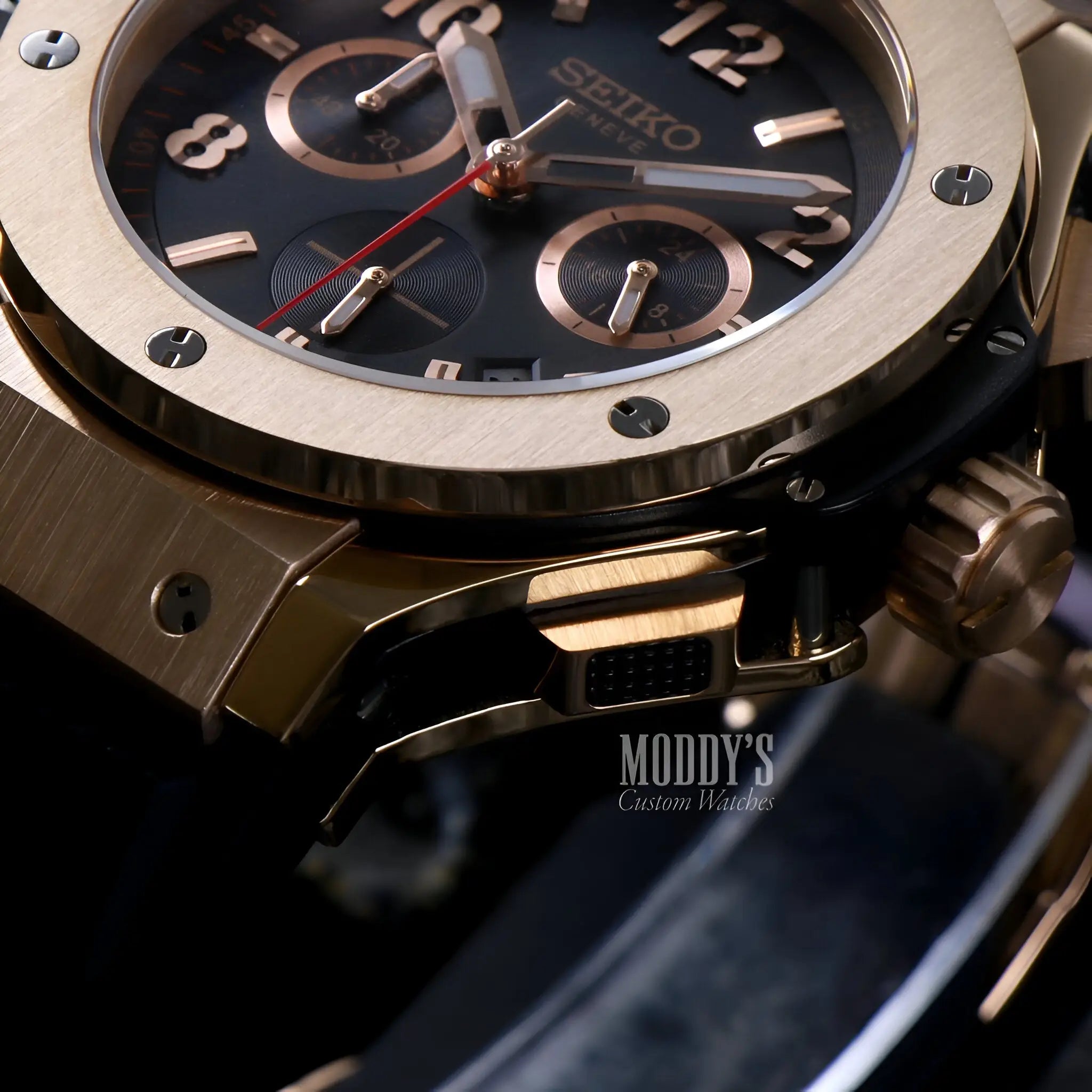 Big Bang Rose Gold Seiko mod chronograph with VK63 hybrid movement
