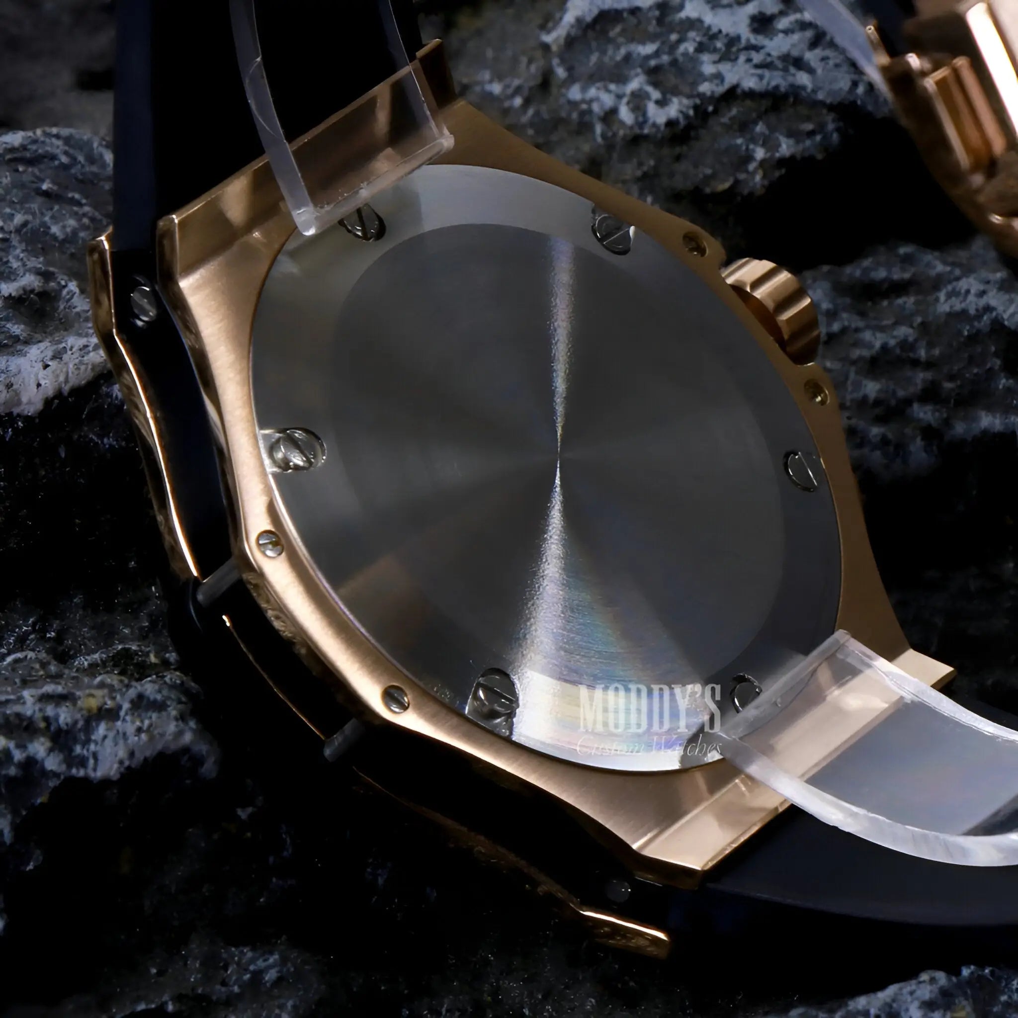 Hubleiko Big Bang Rose Gold watch with black dial and stainless steel back