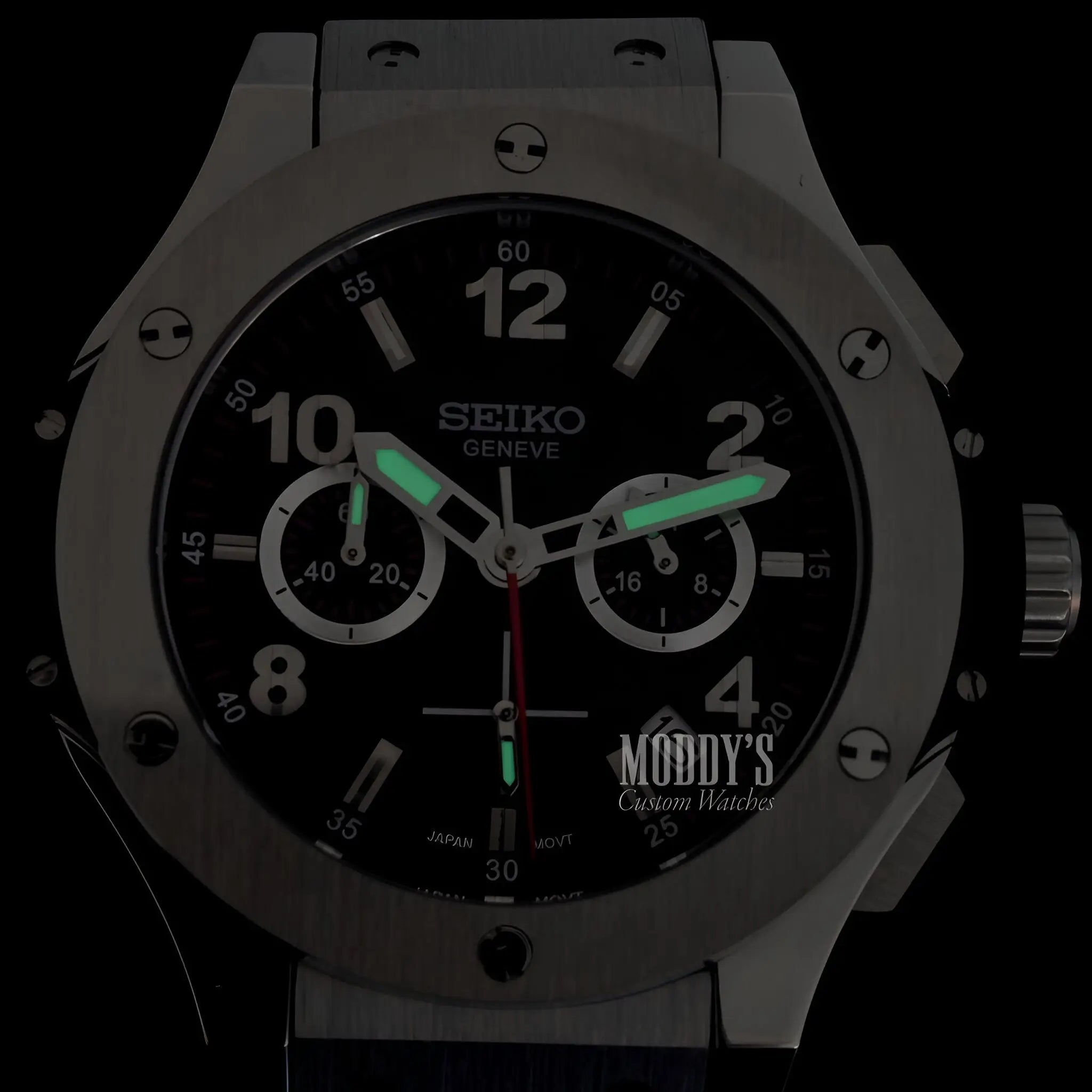 Hubleiko Big Bang Black Seiko mod chronograph with black dial and silver case