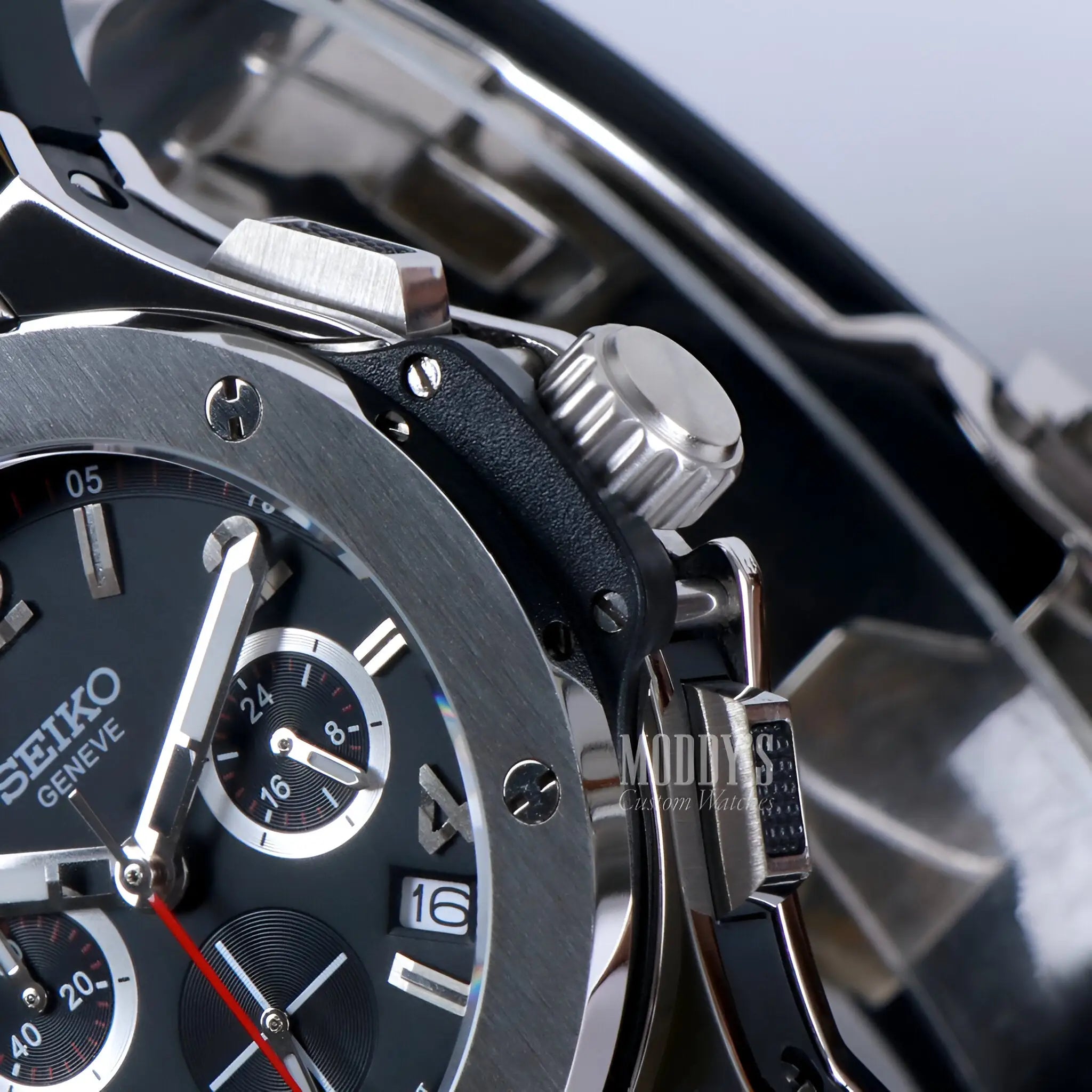 Hubleiko Big Bang Black Seiko mod chronograph with black dial, silver accents, and VK63 hybrid movement