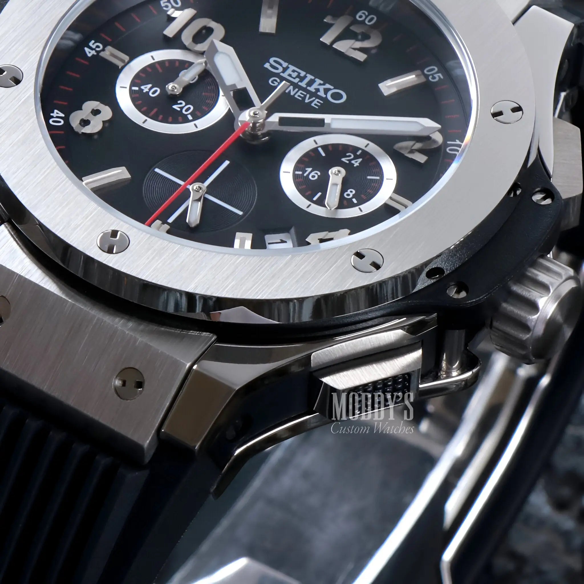 Hubleiko Big Bang Black Seiko mod chronograph with black dial, silver accents, vk63 hybrid movement