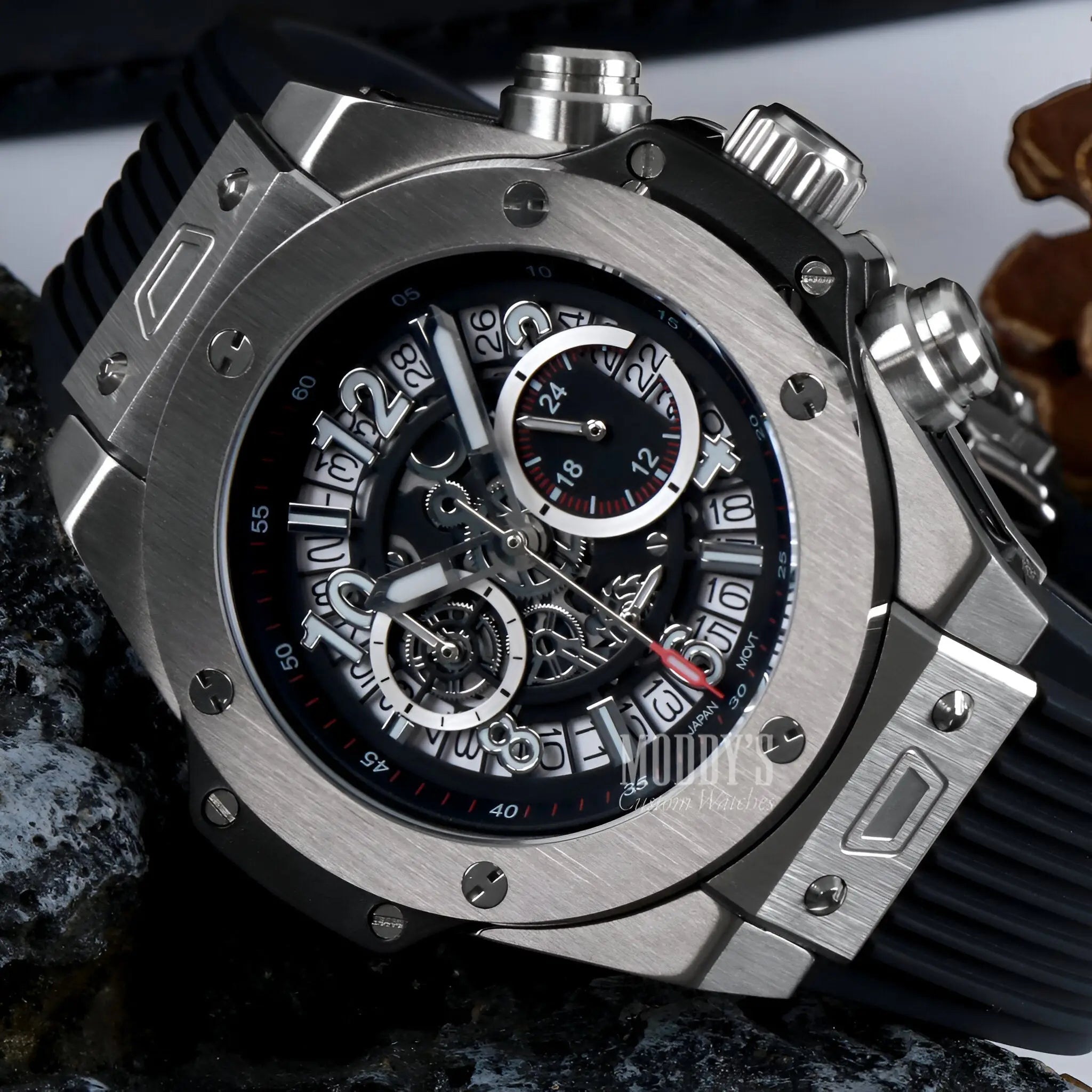 Luxury Hubleiko Big Bang Skeleton silver chronograph with black dial
