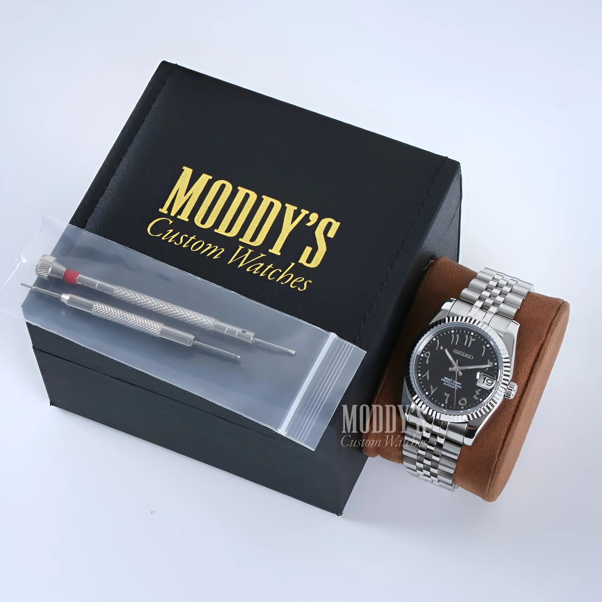 Seiko mod Datejust black Arabic watch with 904L stainless steel band