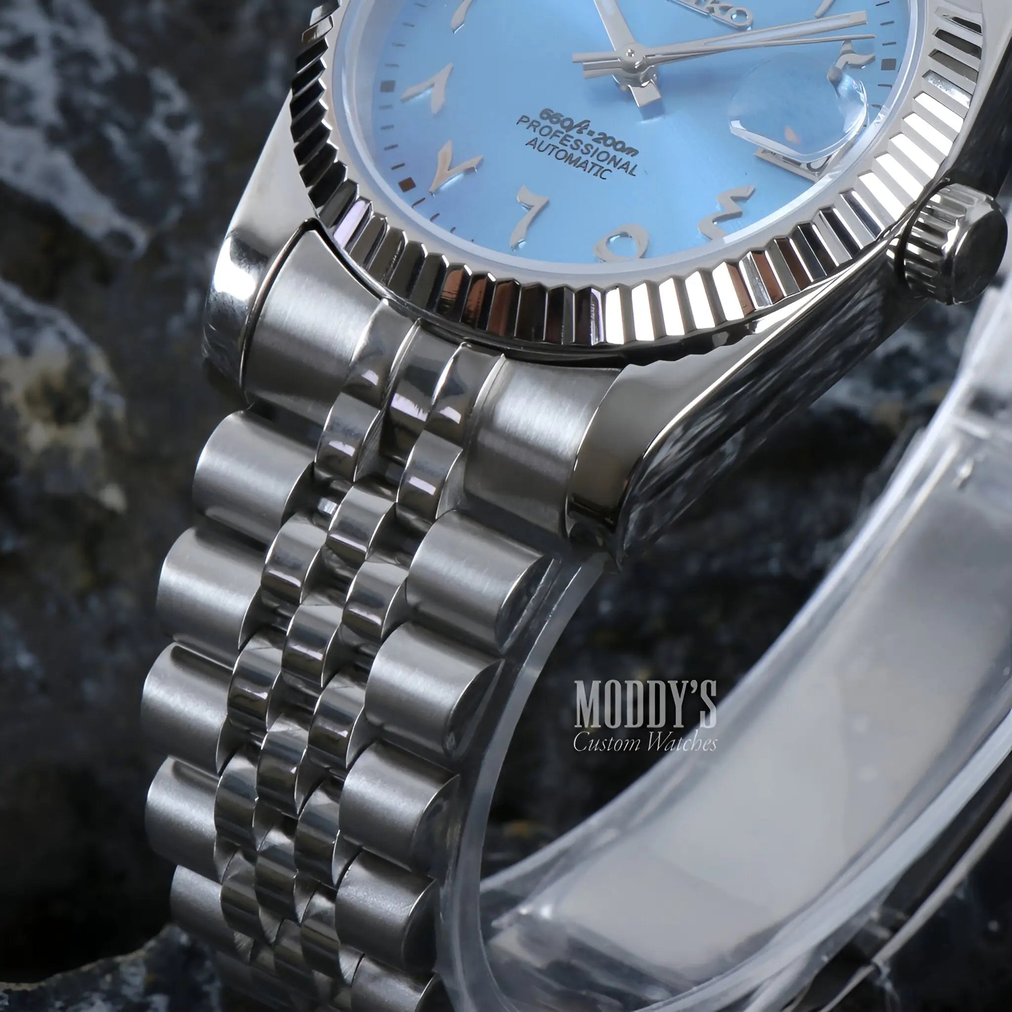 Seiko mod Datejust with ice blue Arabic dial and 316L steel bracelet